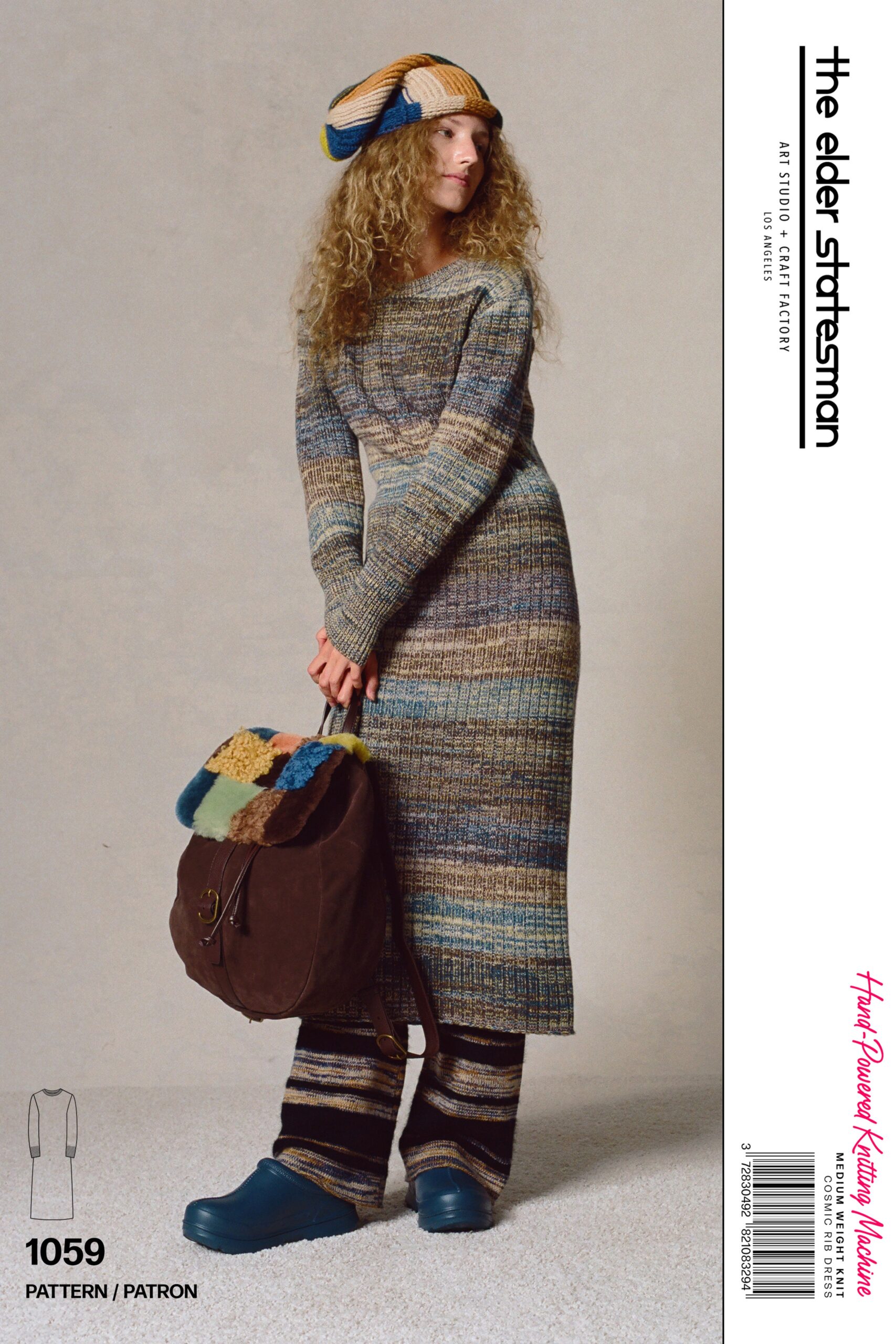 A relaxed multicolor dress with long sleeves paired with matching striped pants.
