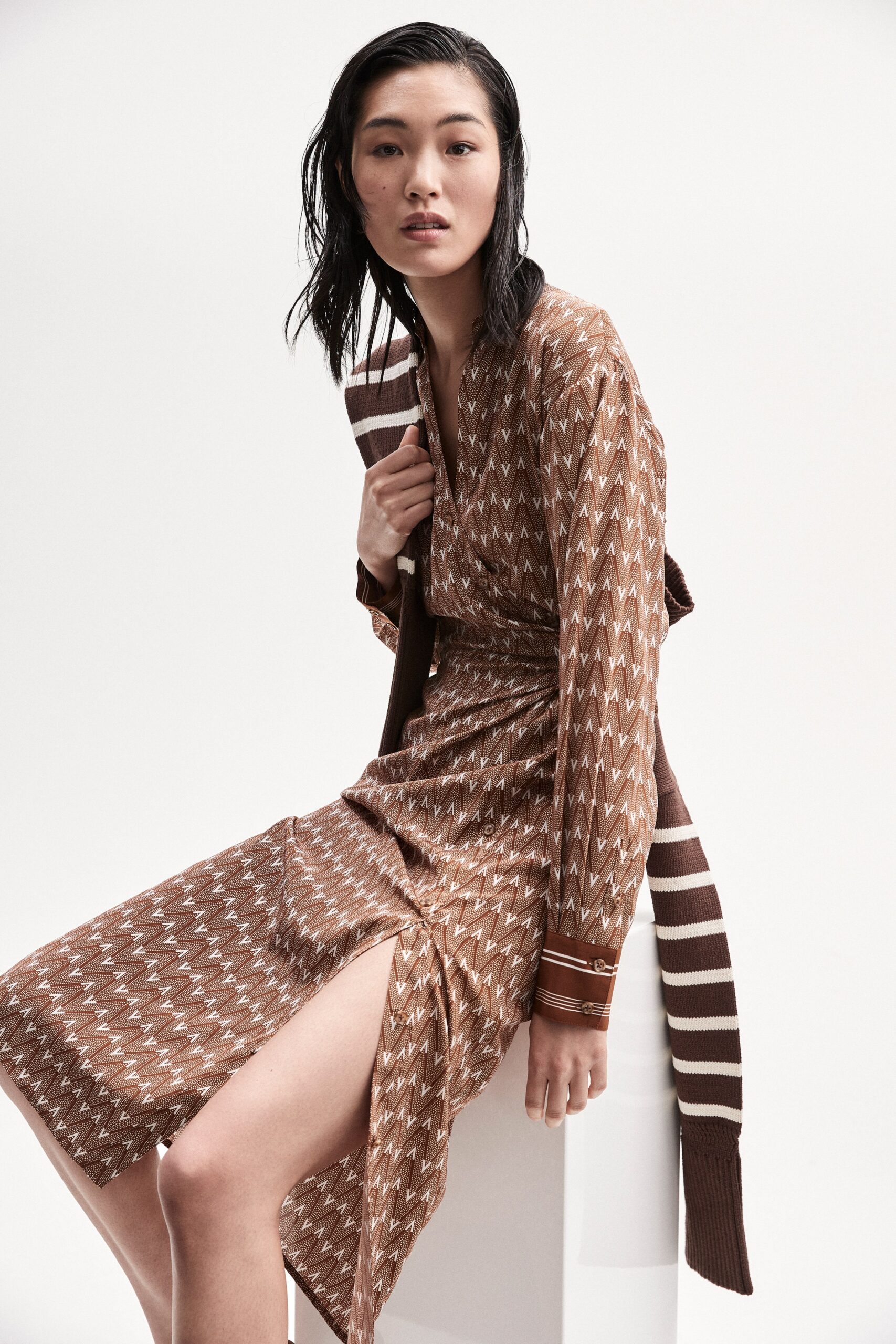 brown printed midi dress with sweater