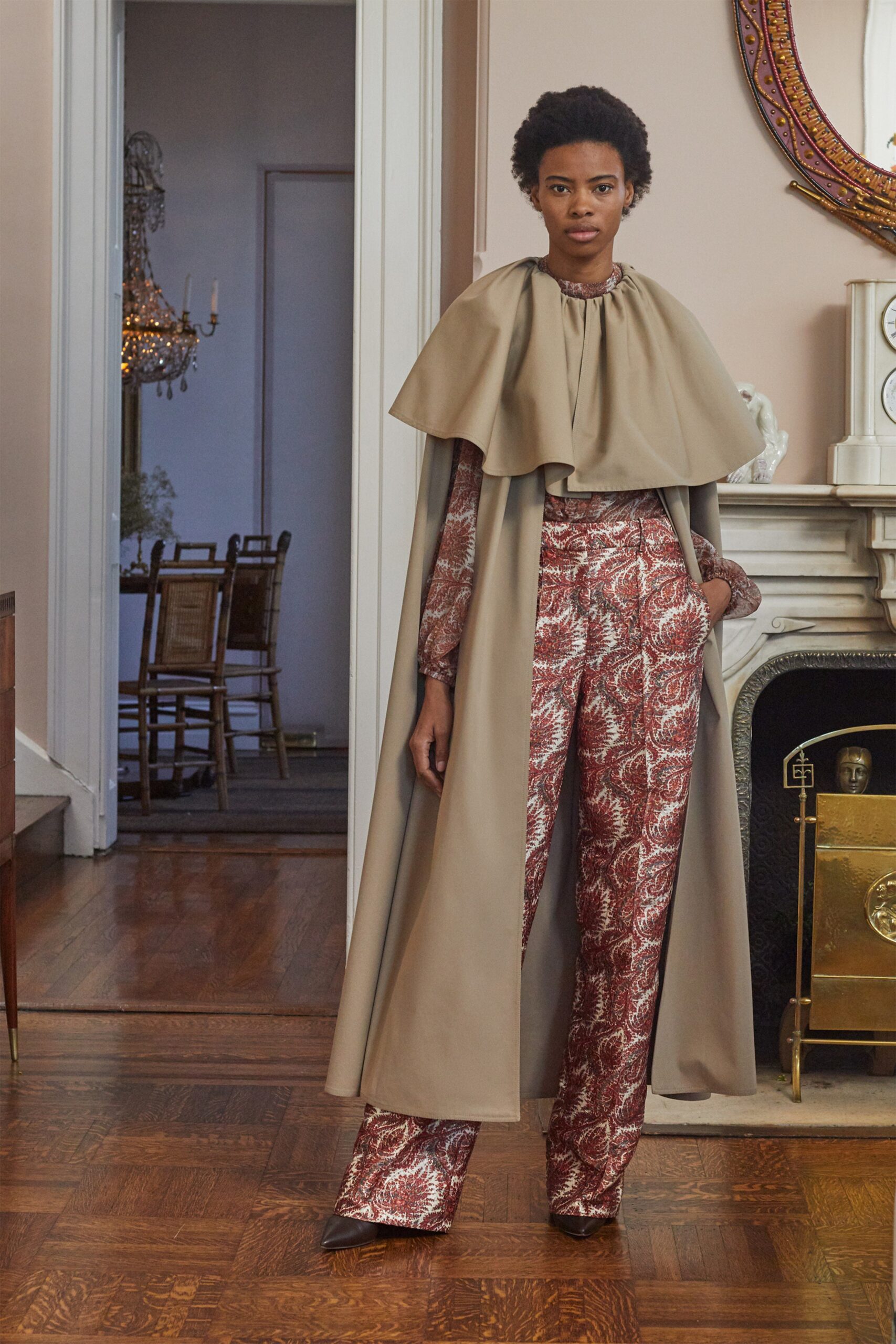 beige wool long-sleeve collared relaxed layered cape