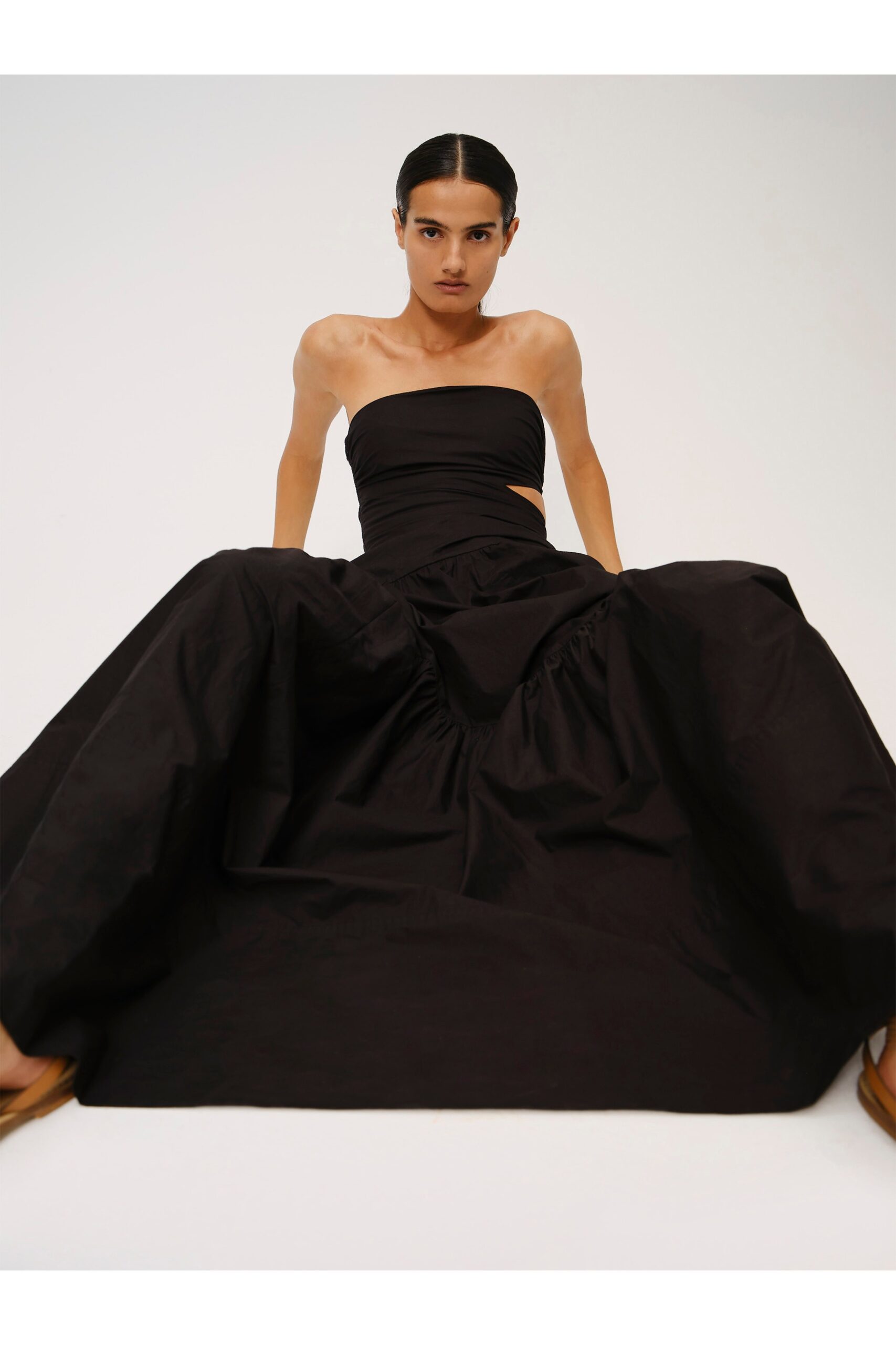 black cotton strapless maxi dress
