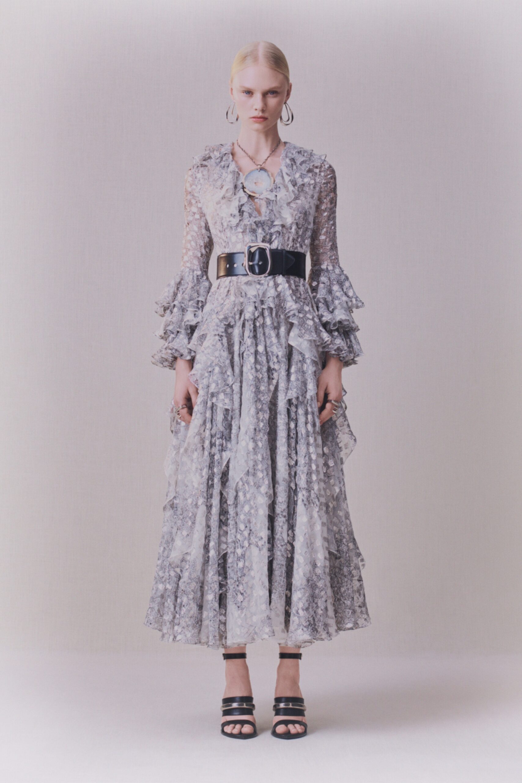 gray silk long-sleeve v-neck fitted ruffled tiered dress
