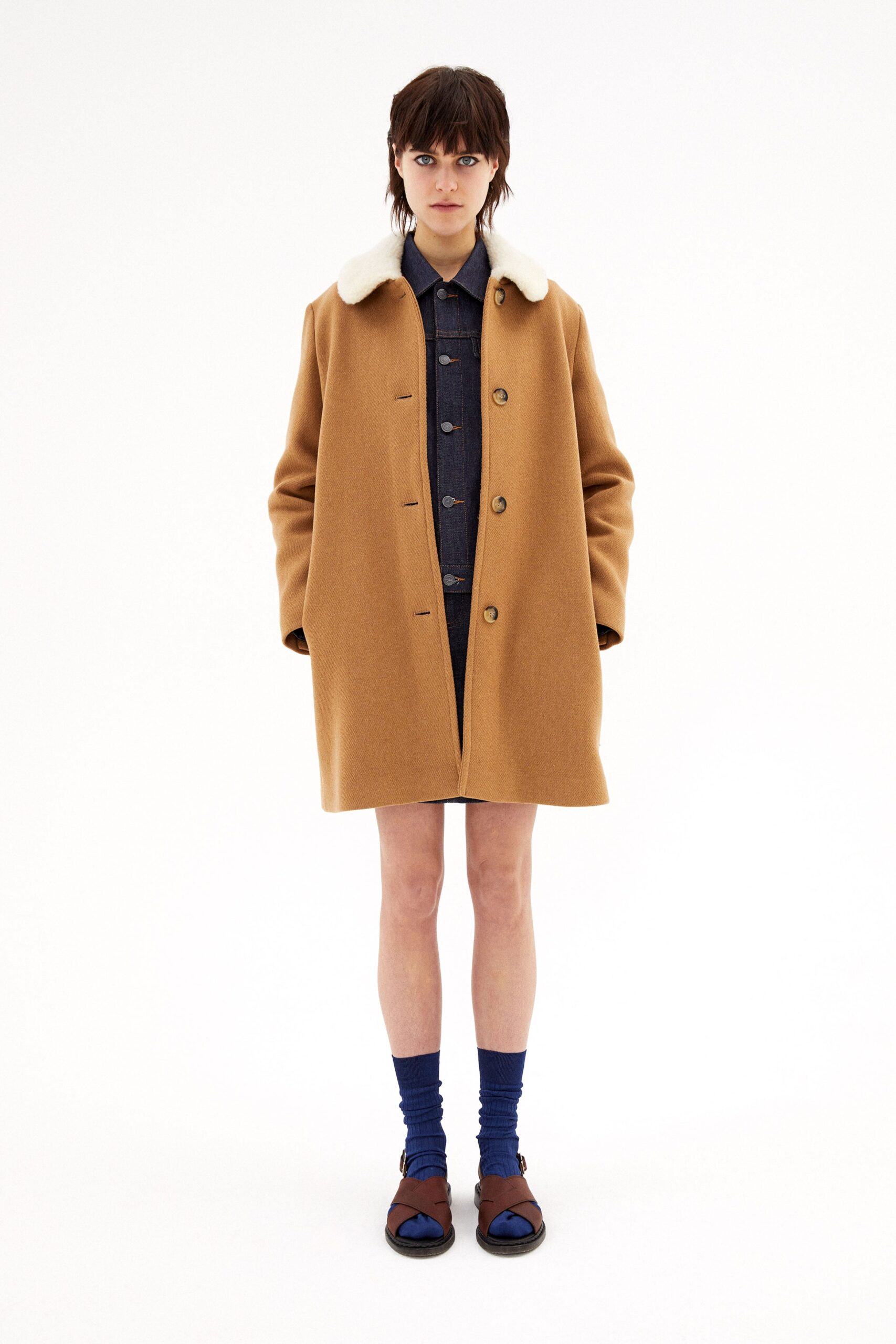 brown wool coat with denim dress