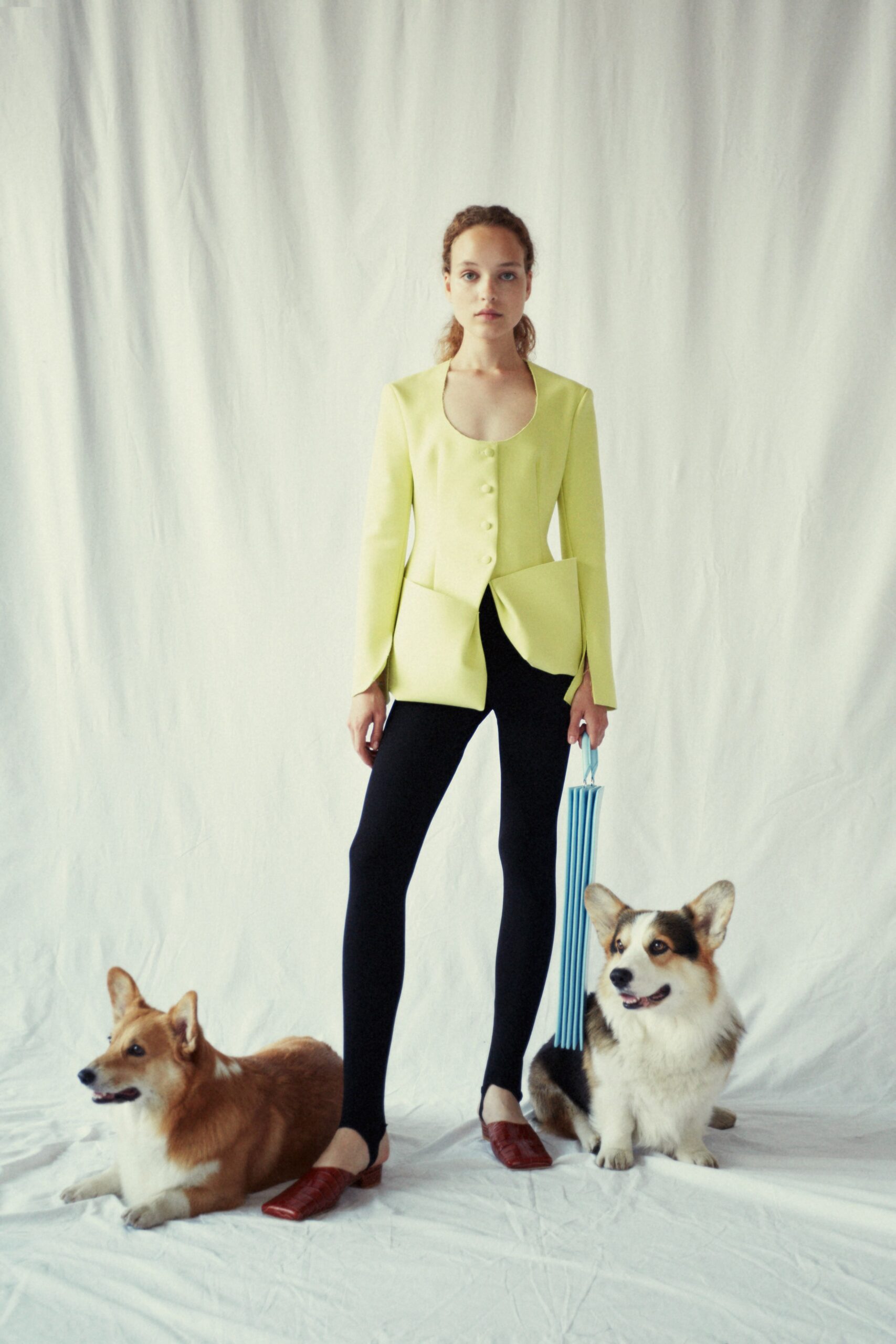 yellow cotton long-sleeve scoop-neck structured buttoned blazer