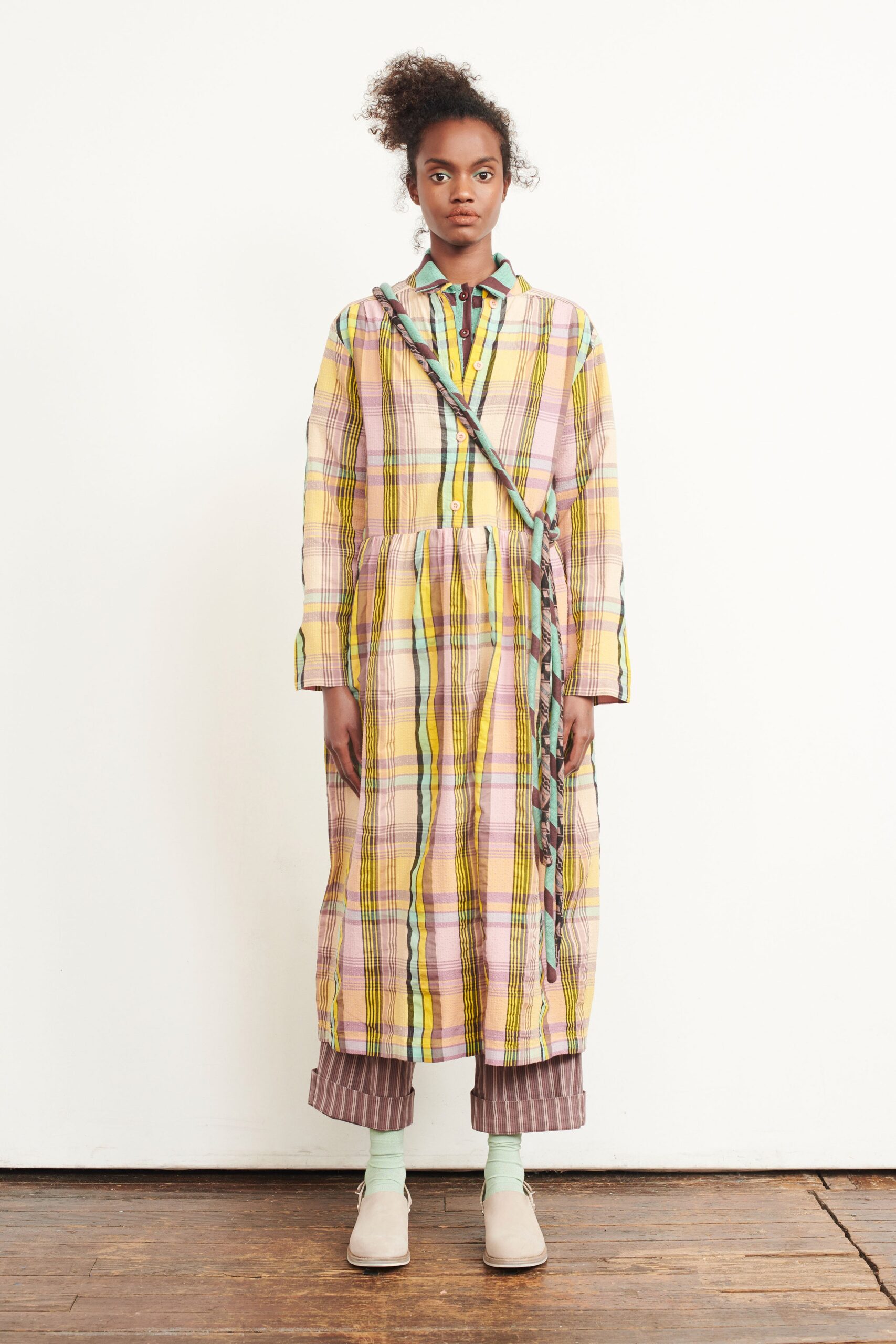yellow cotton long-sleeve collared relaxed checked tiered dress