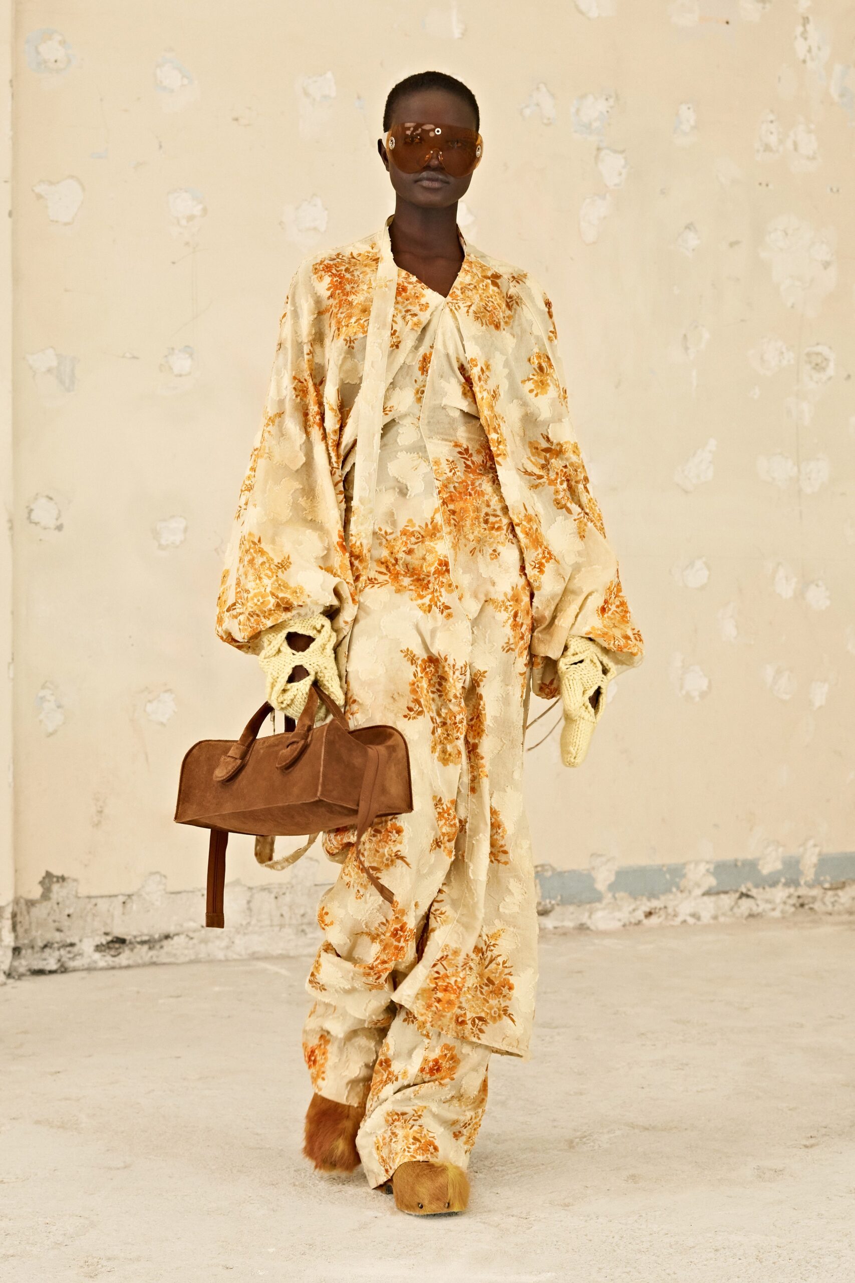 beige silk long-sleeve v-neck relaxed flared printed dress