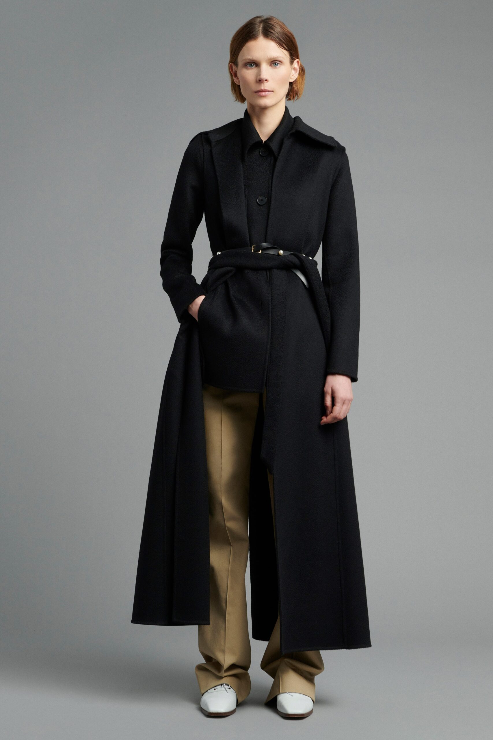 black wool long-sleeve collared fitted belted maxi coat
