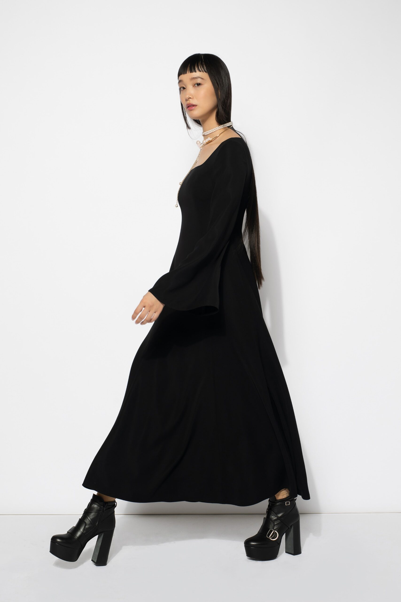black silk long-sleeve dress
