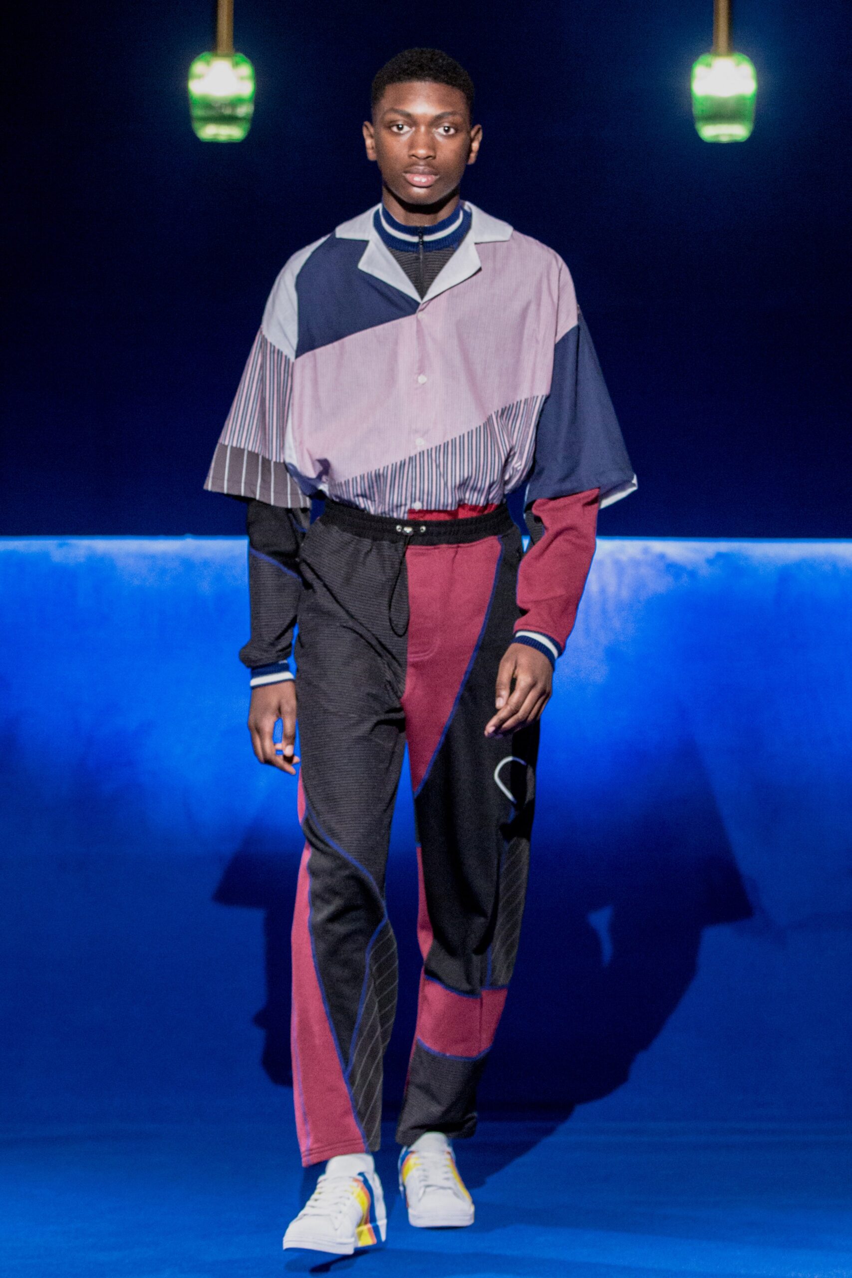 color-blocked shirt and slim pants