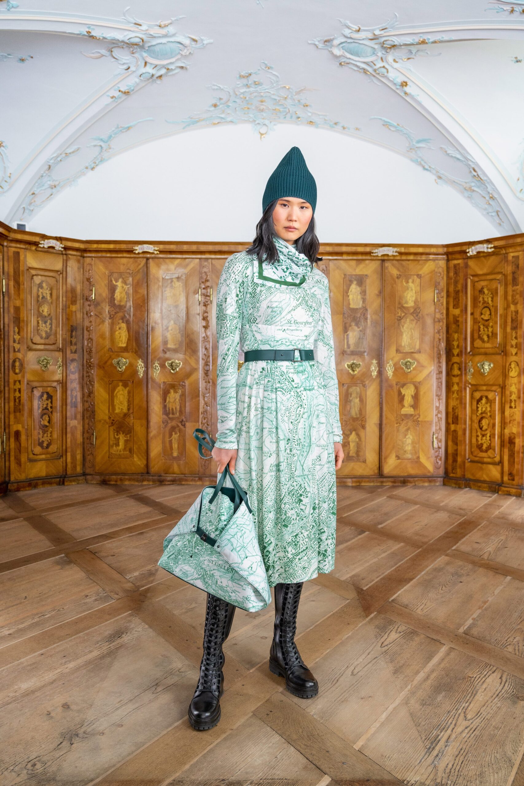green printed midi dress with accessories