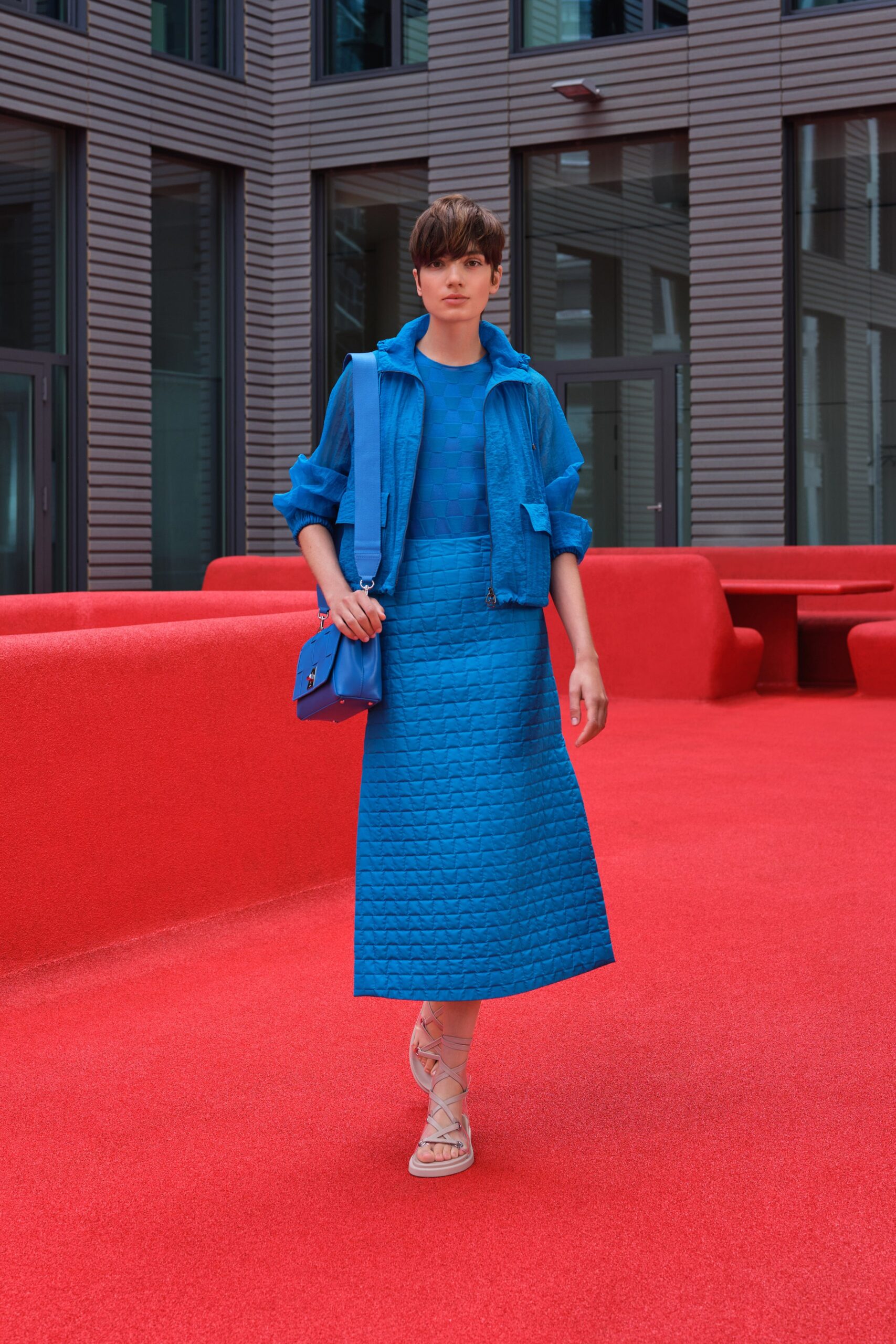 blue relaxed jacket and fitted dress