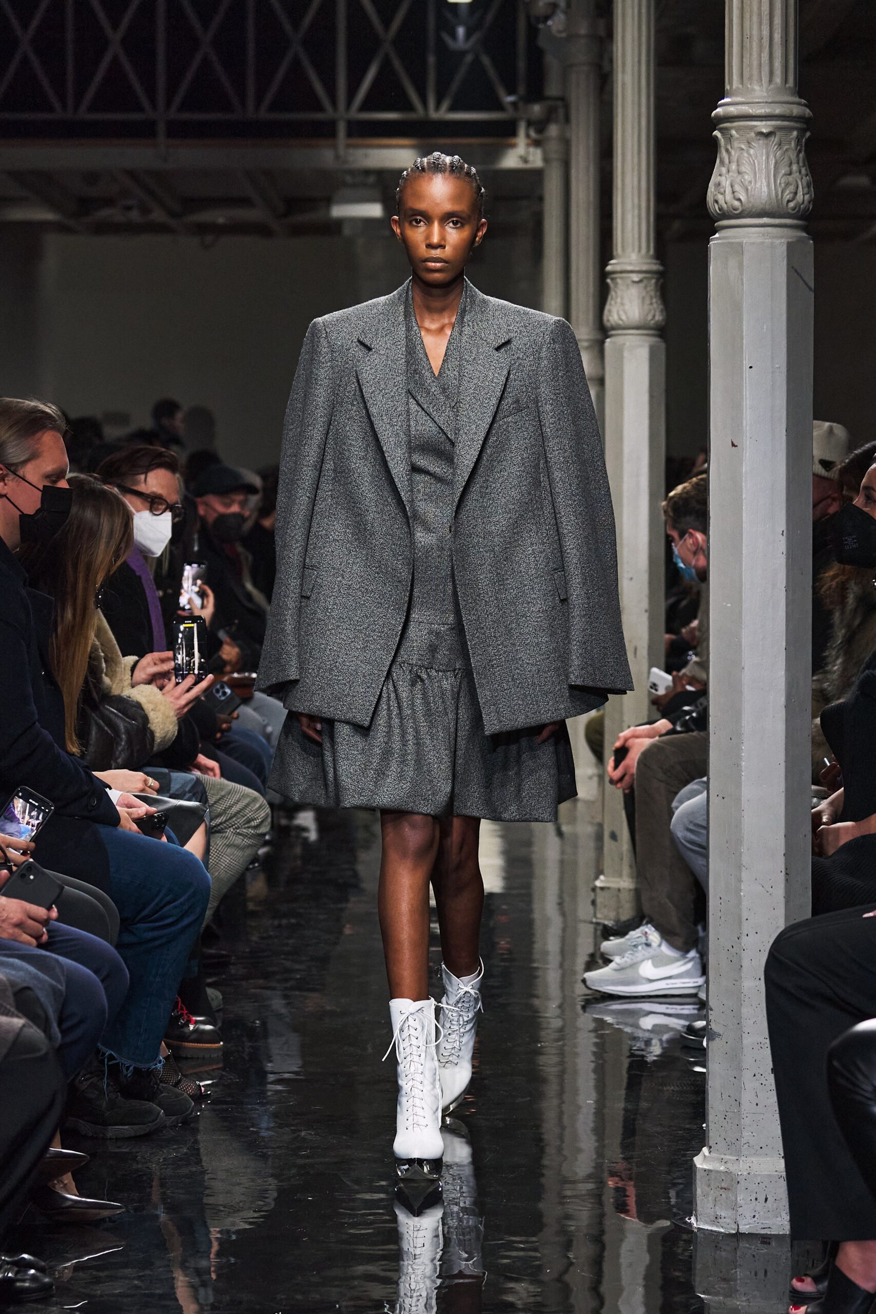 gray wool midi dress and oversized coat