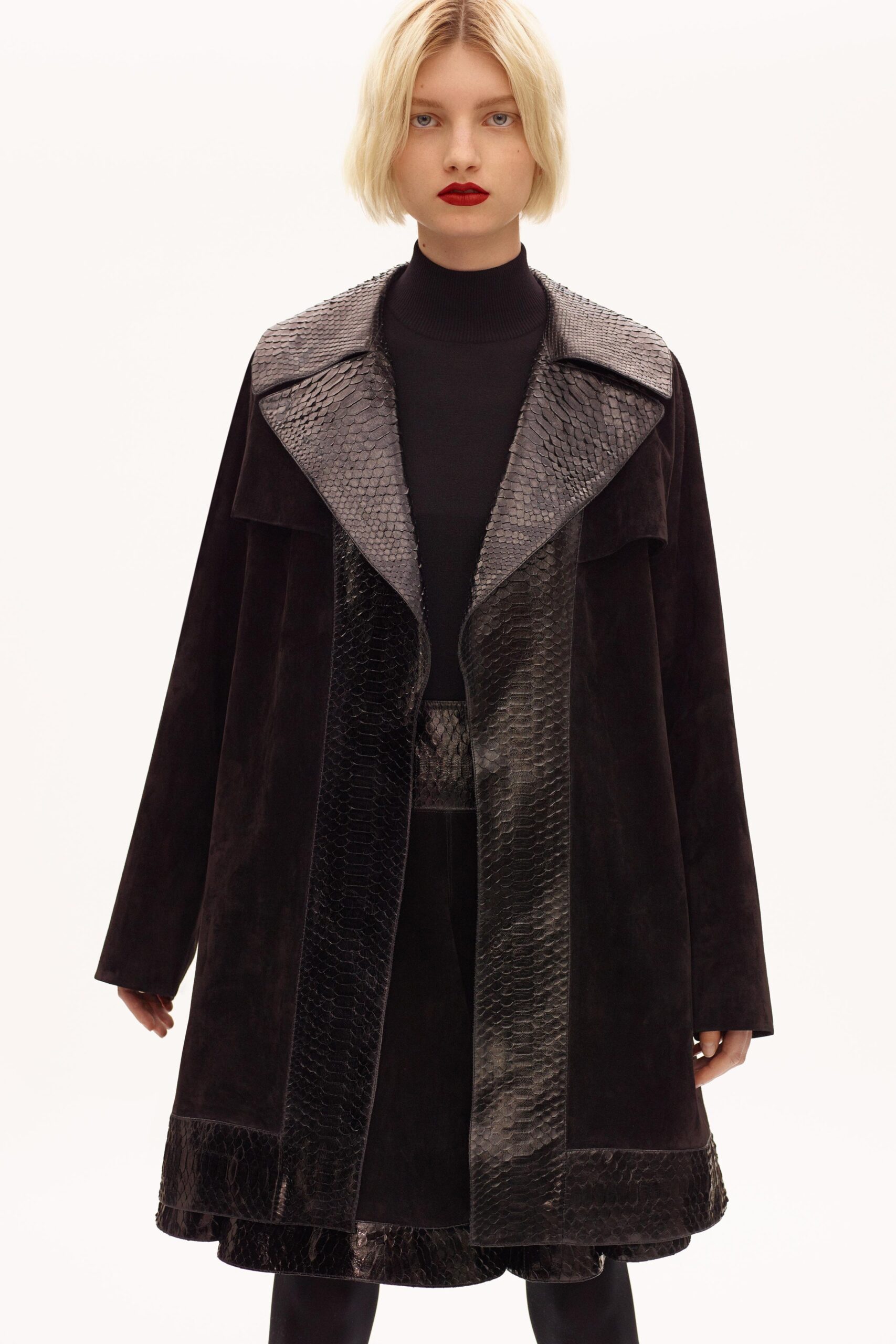 black suede long-sleeve collared relaxed layered coat