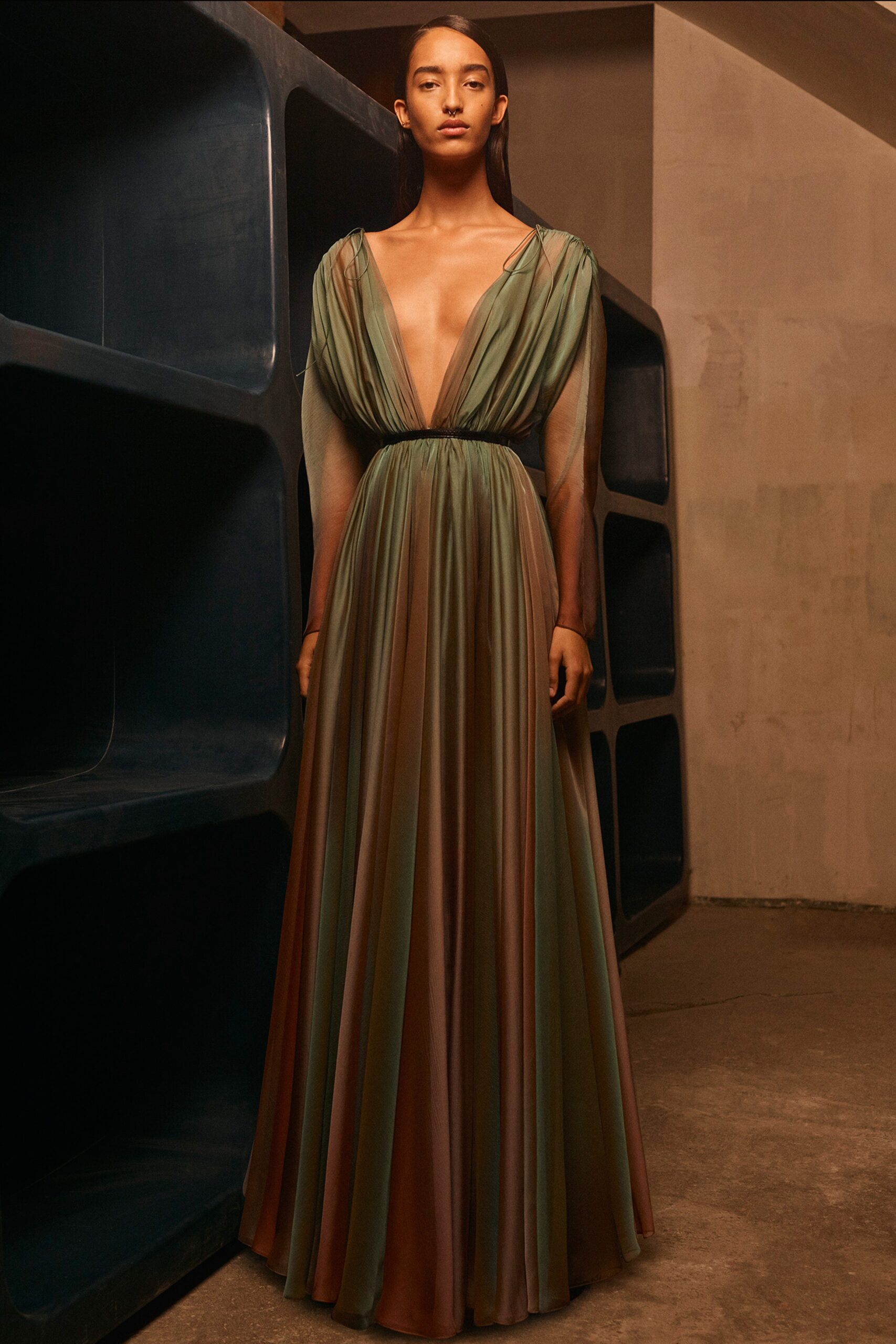 green and brown silk gown