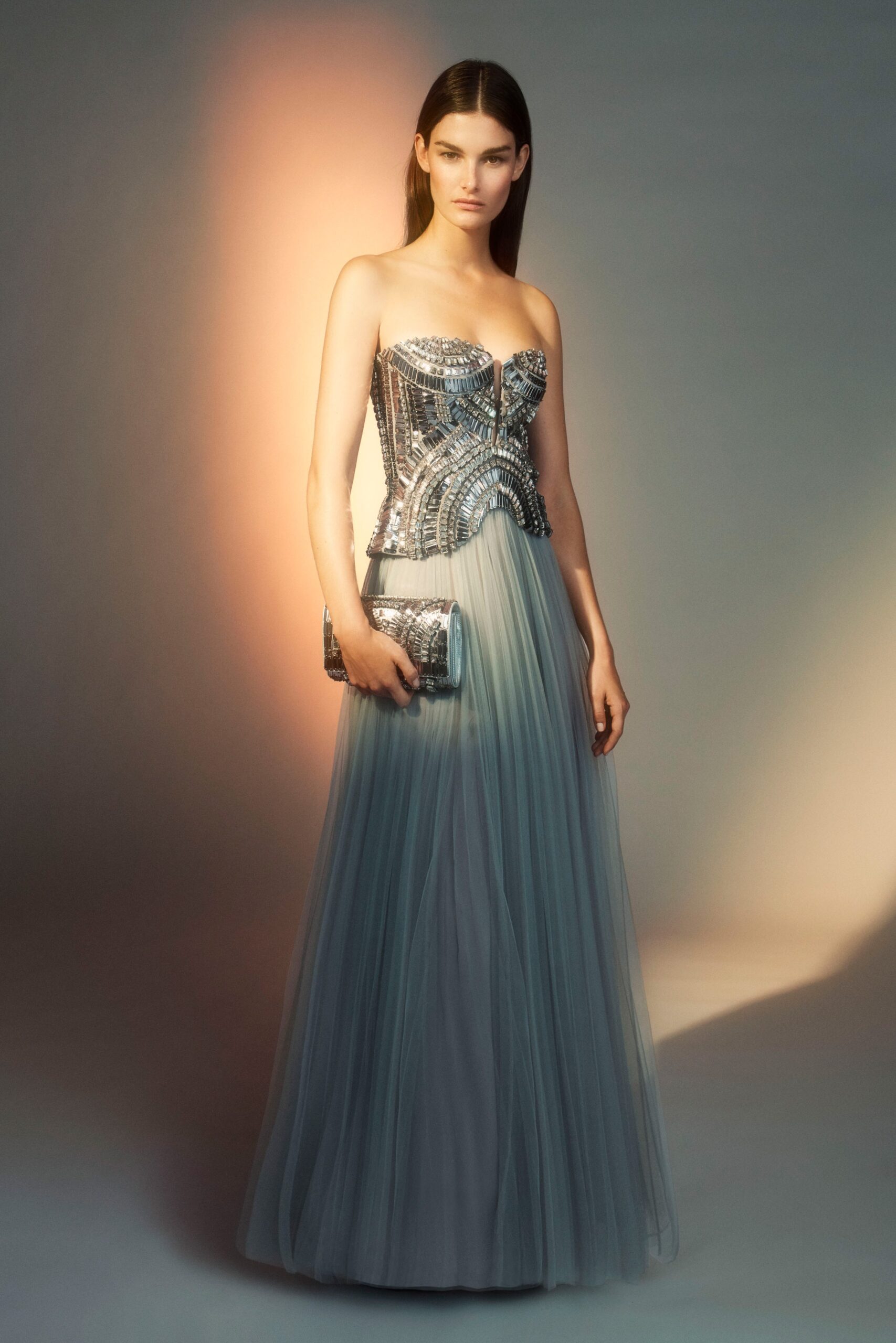 blue gray pleated gown