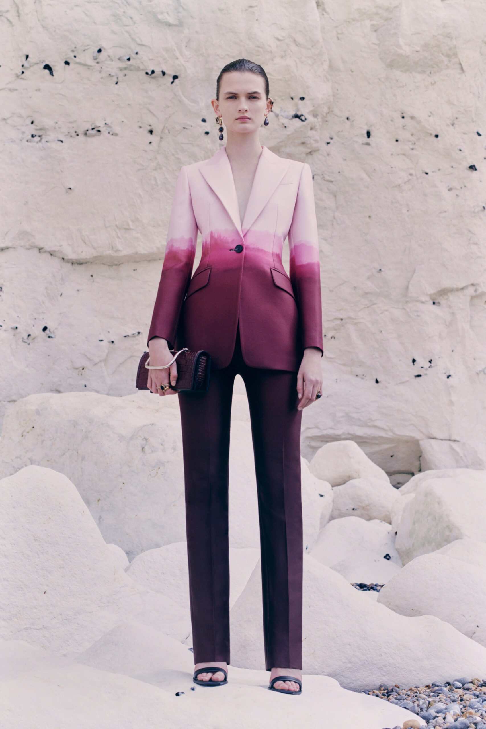pink silk long-sleeve collared tailored color-blocked suit