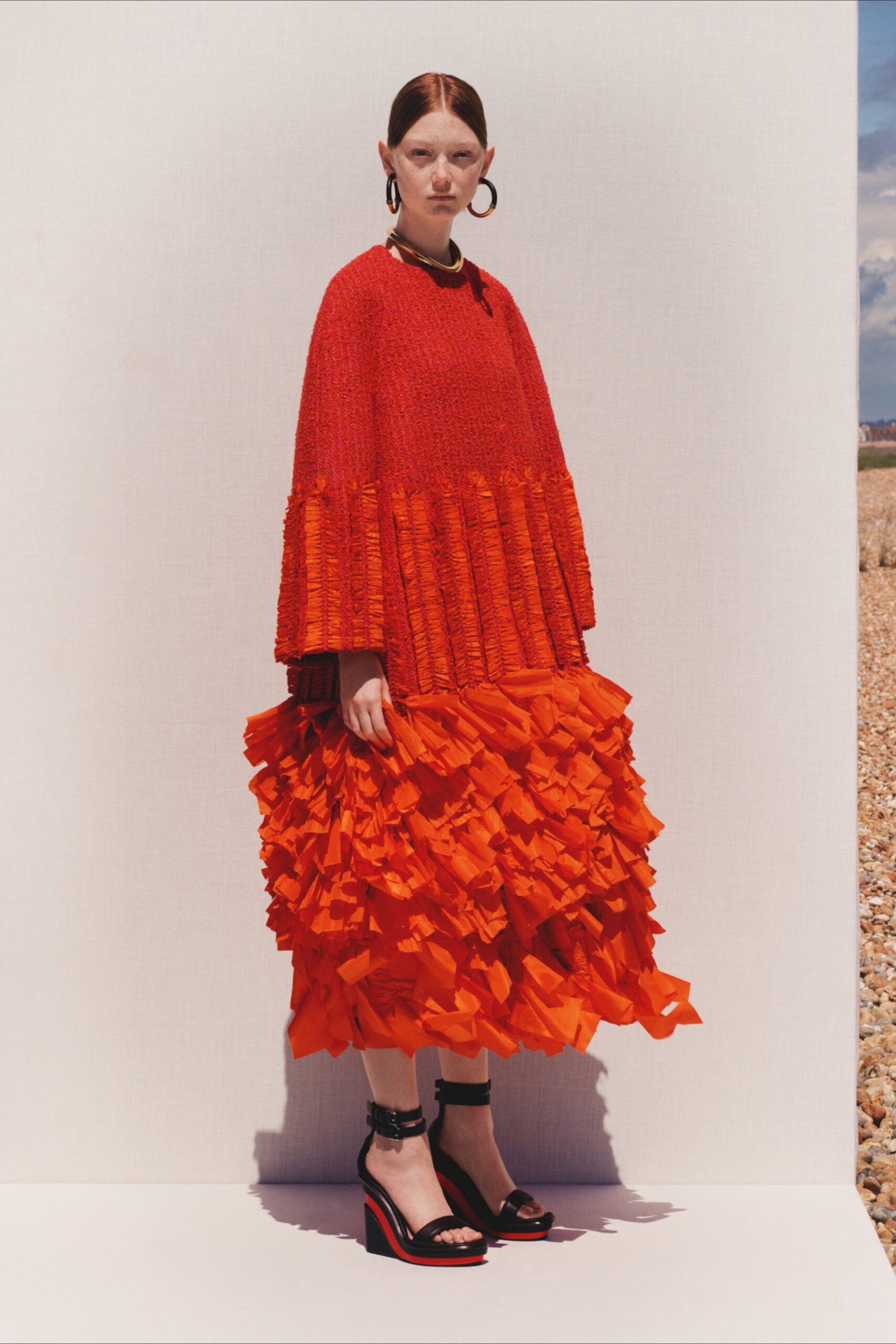 orange cotton fitted ruffled midi skirt