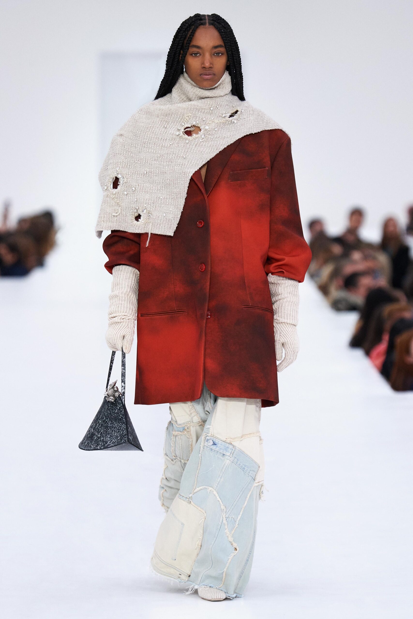 oversized red jacket with distressed denim
