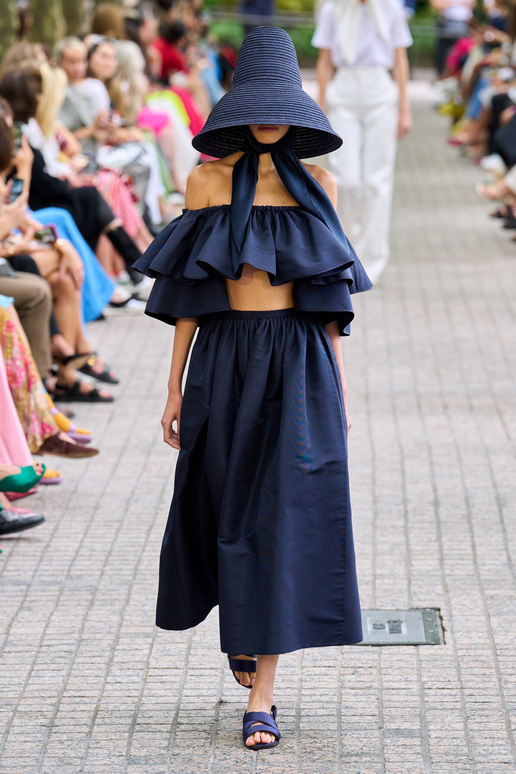 blue cotton sleeveless off-shoulder fitted ruffled top
