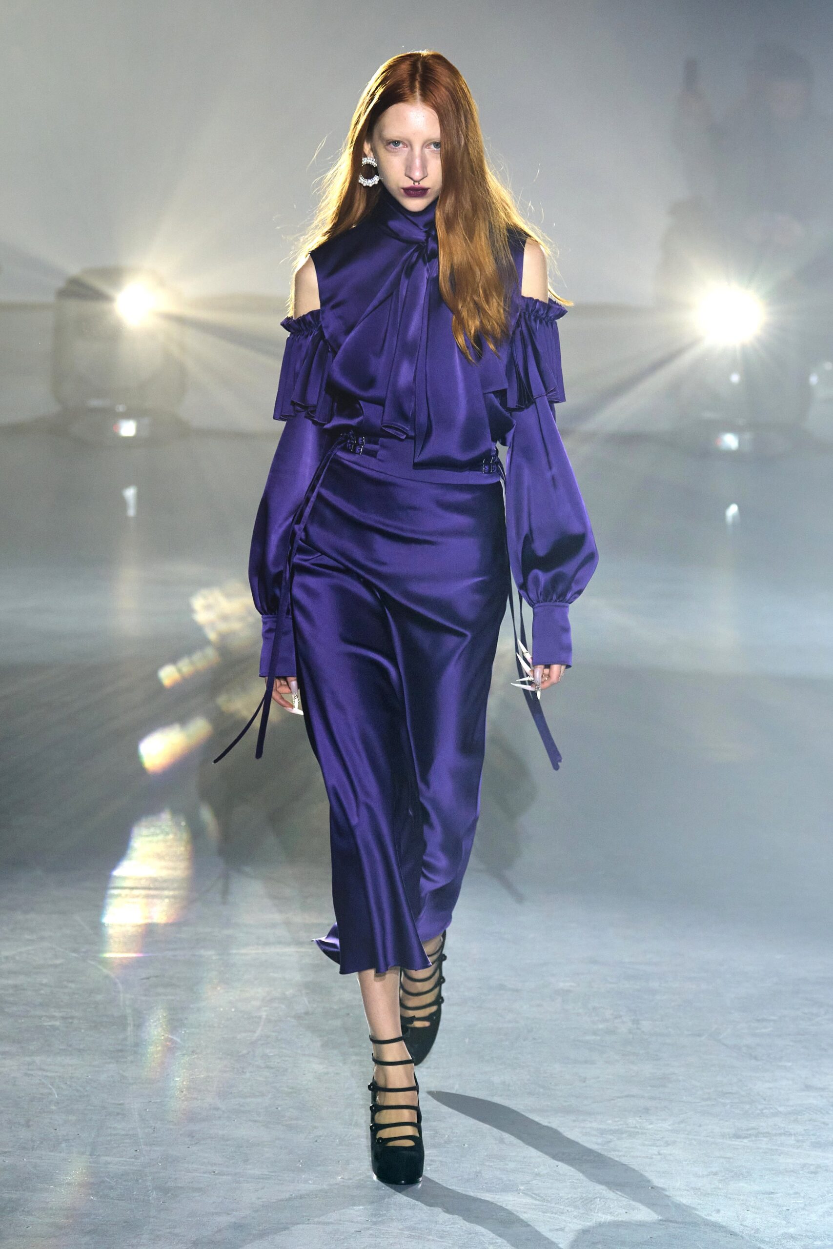 purple silk off-shoulder dress