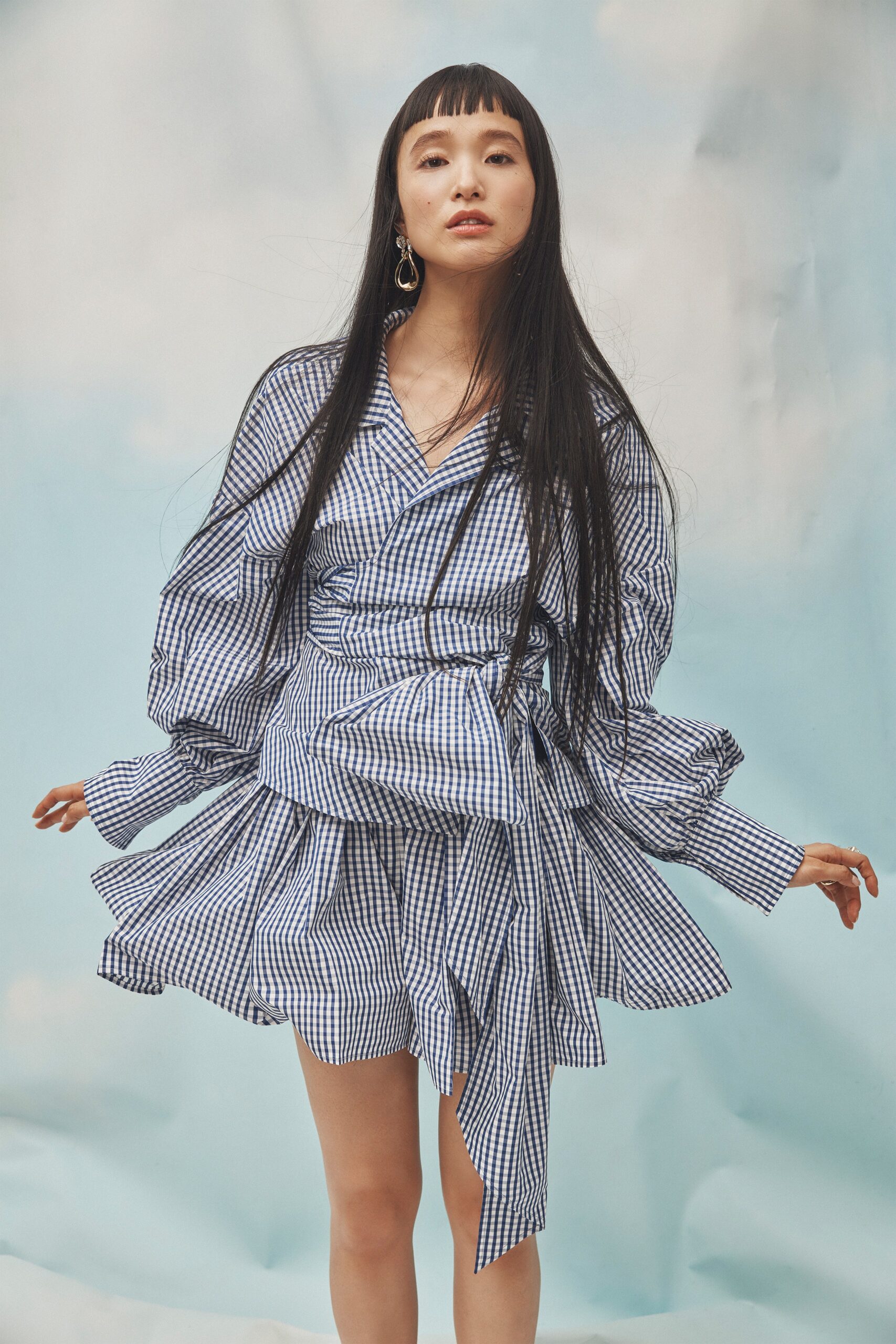 blue and white ruffled mini dress