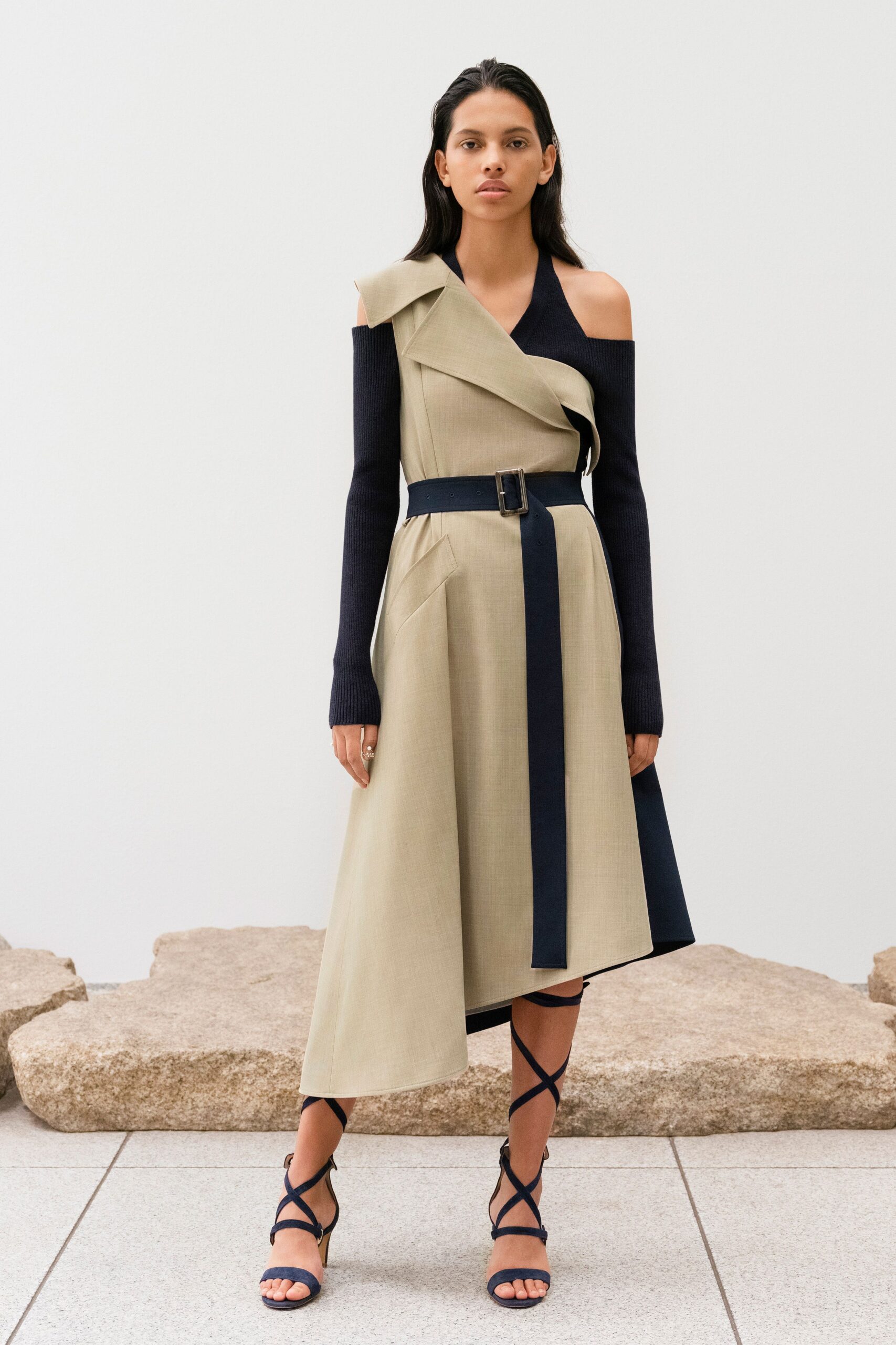 beige navy belted asymmetric dress