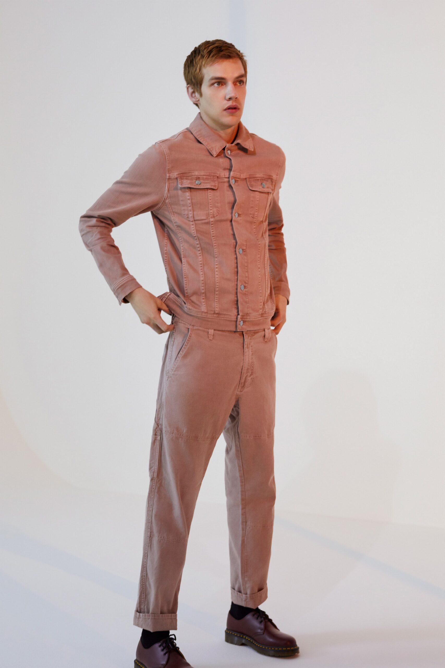 pink denim fitted straight-leg pants