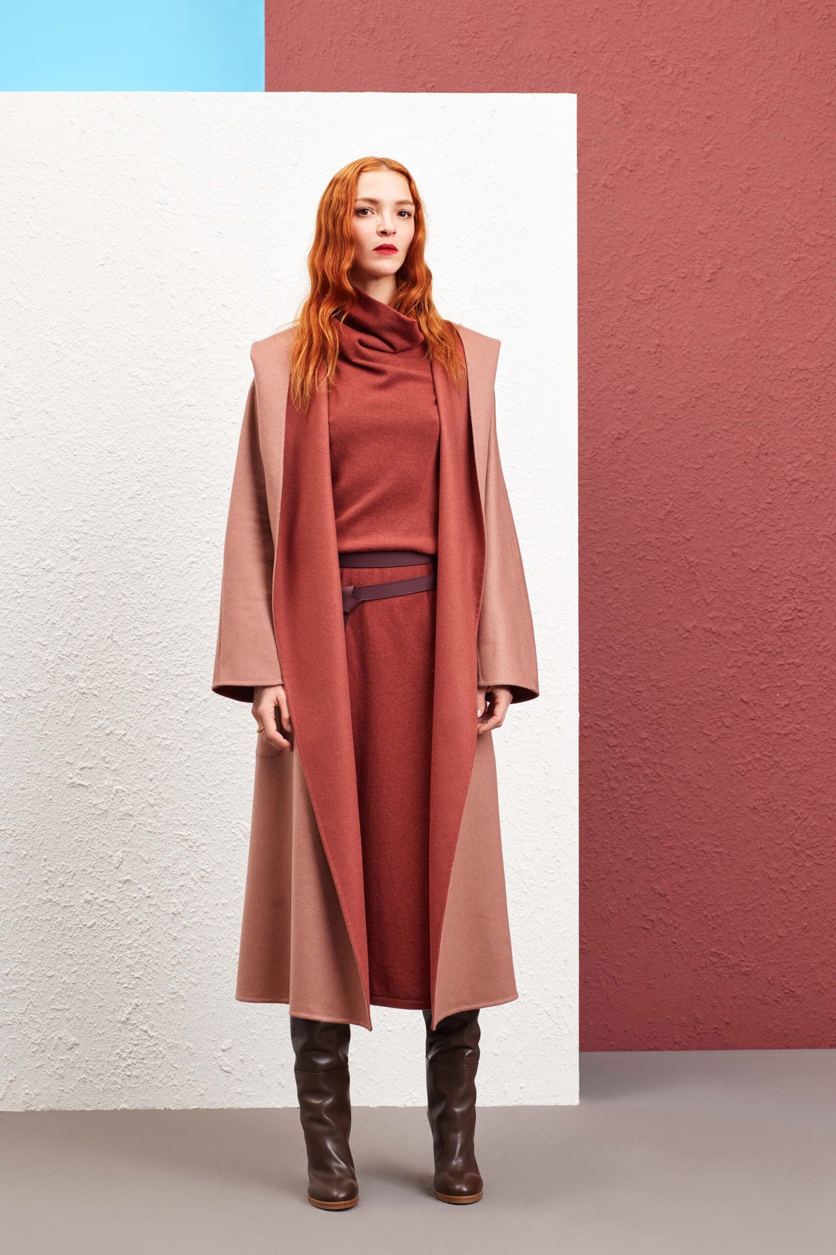 beige coat with red outfit