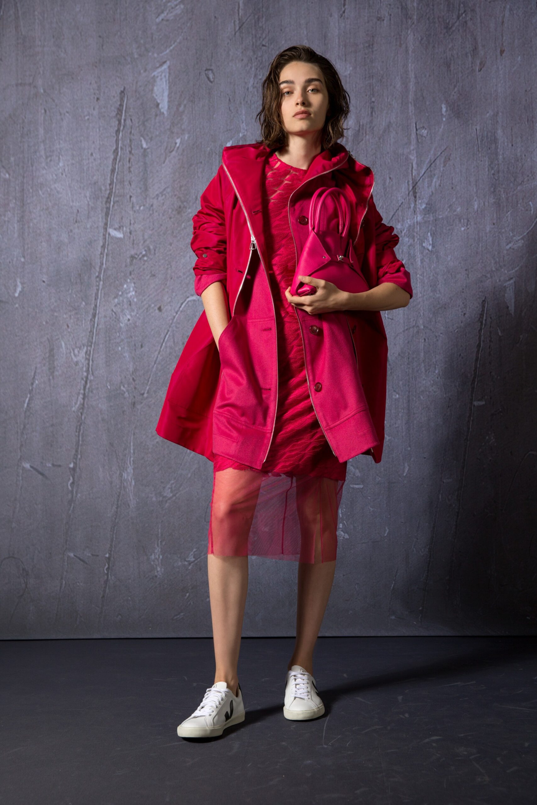 pink cotton long-sleeve collared oversized zippered coat