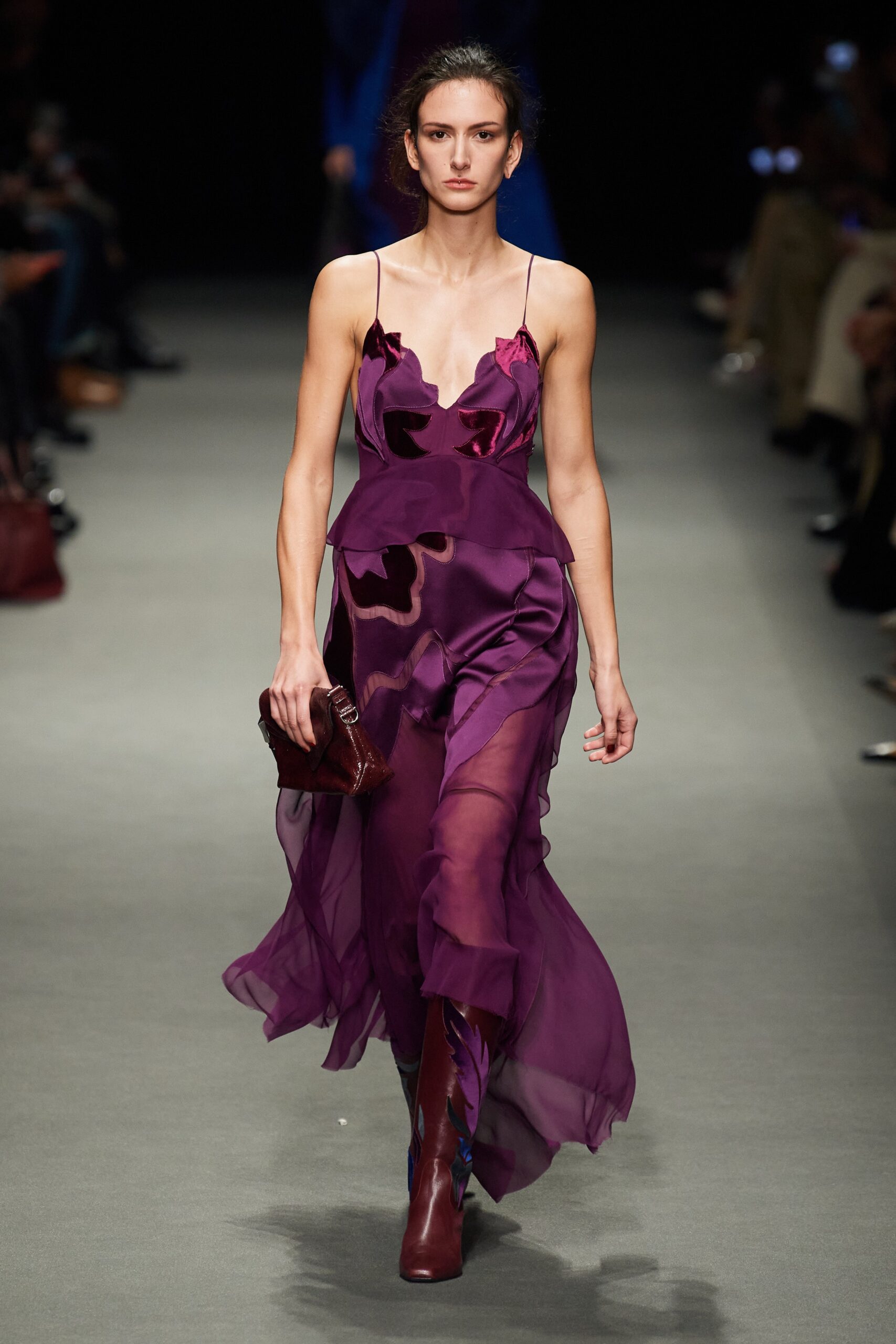 fitted purple silk maxi dress