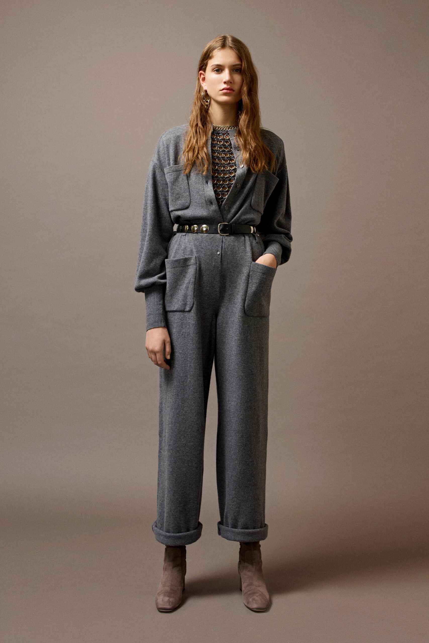 gray wool long-sleeve collared relaxed pockets jumpsuit