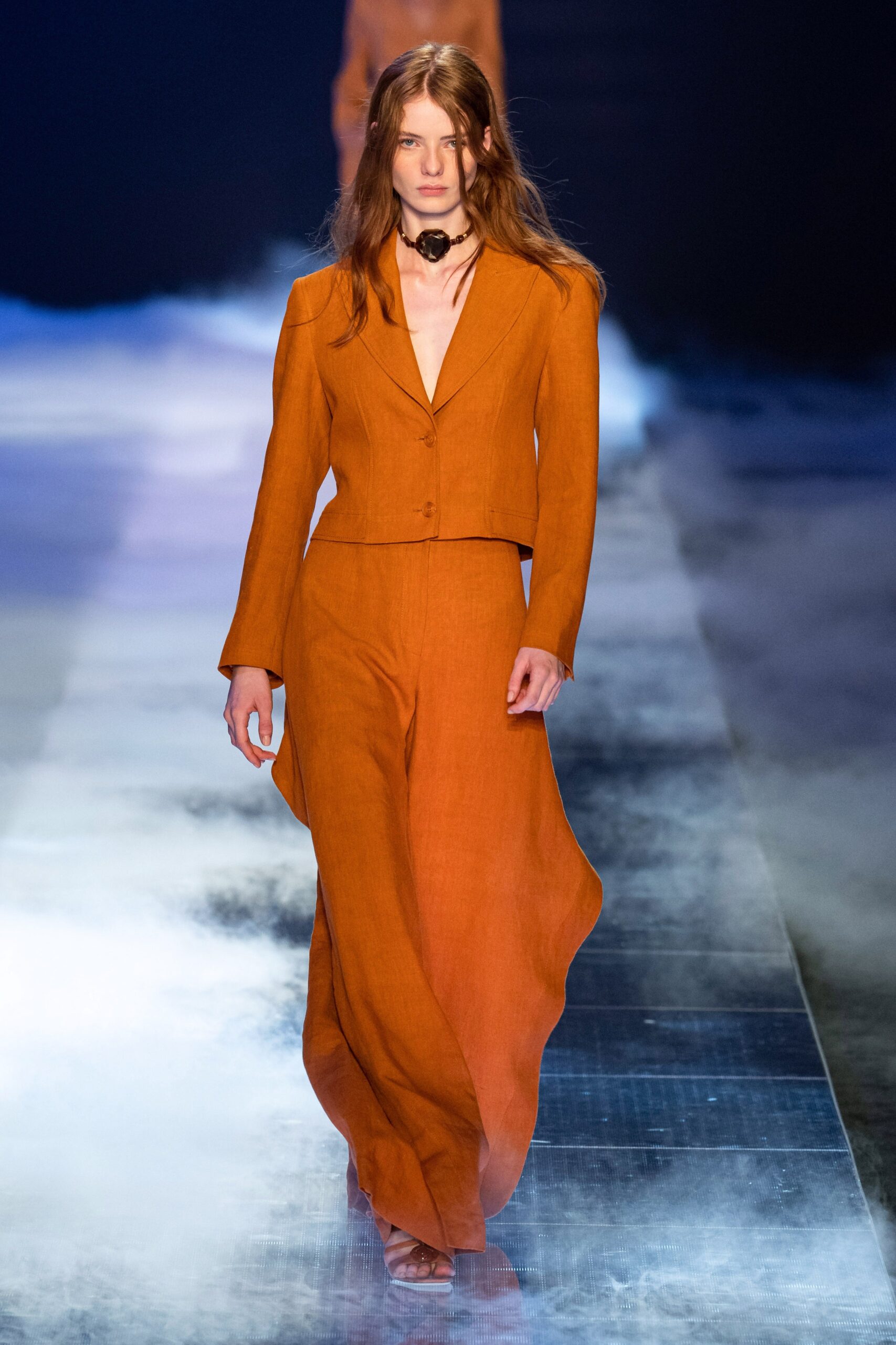 orange linen long-sleeve v-neck tailored structured blazer