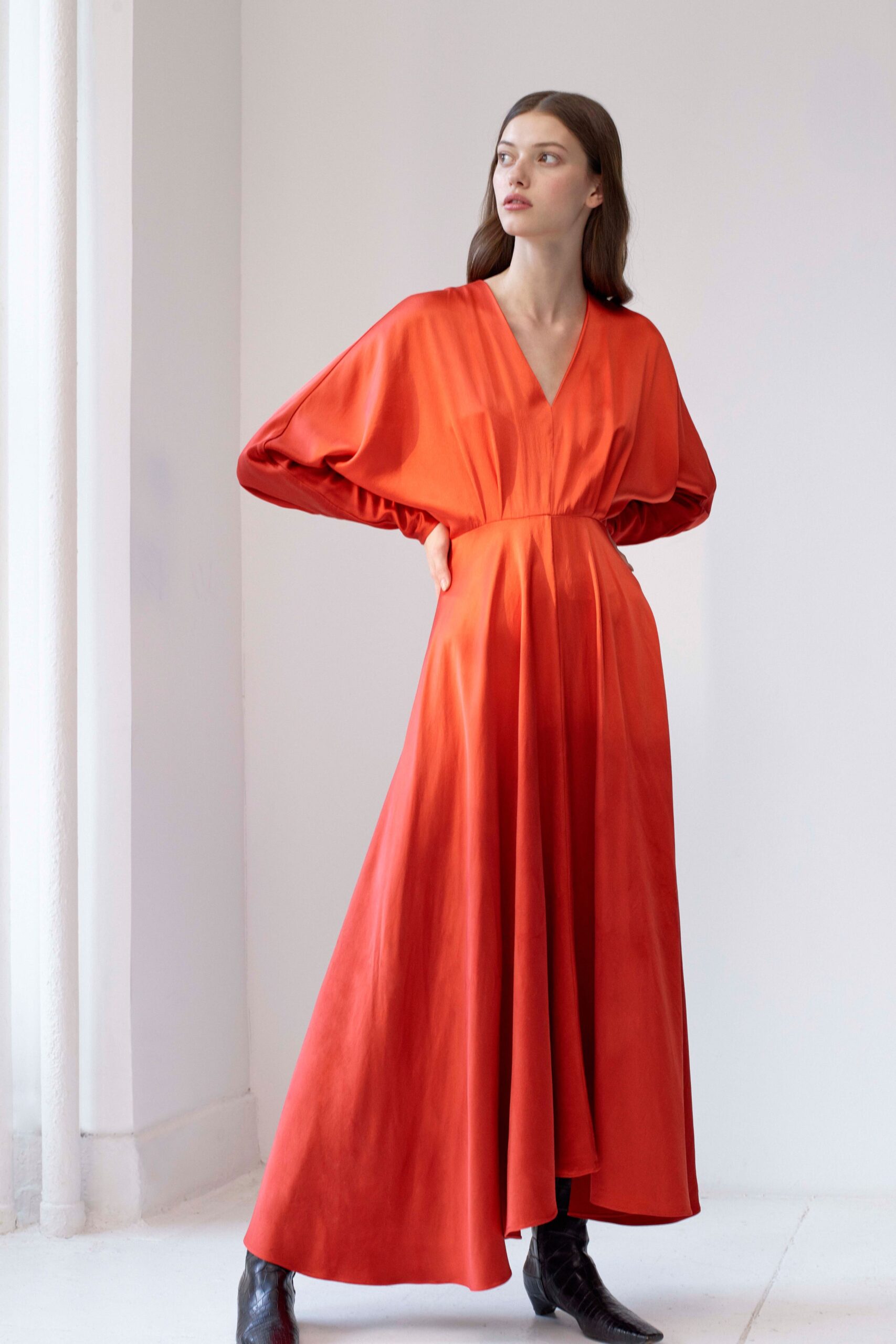 red silk v-neck gown