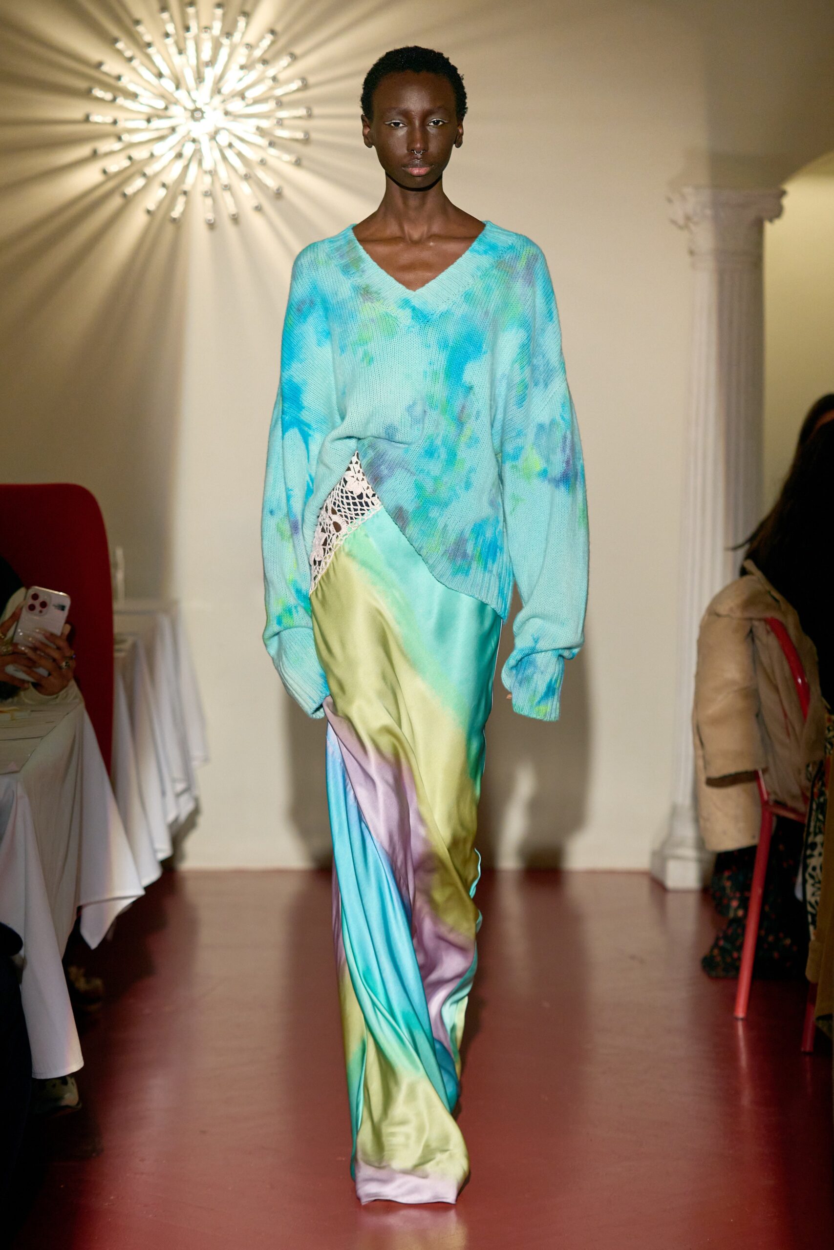 blue green relaxed top and asymmetric maxi dress