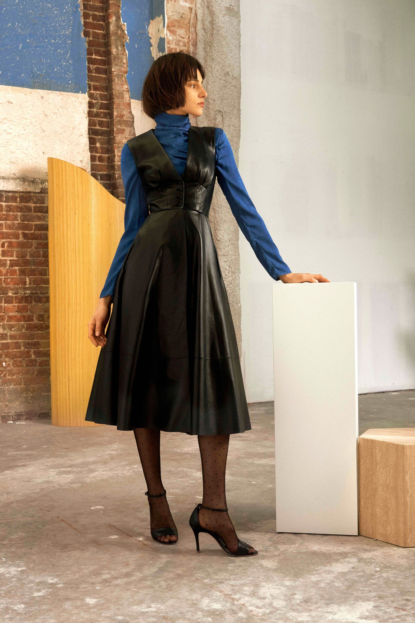 black leather midi dress with blue top