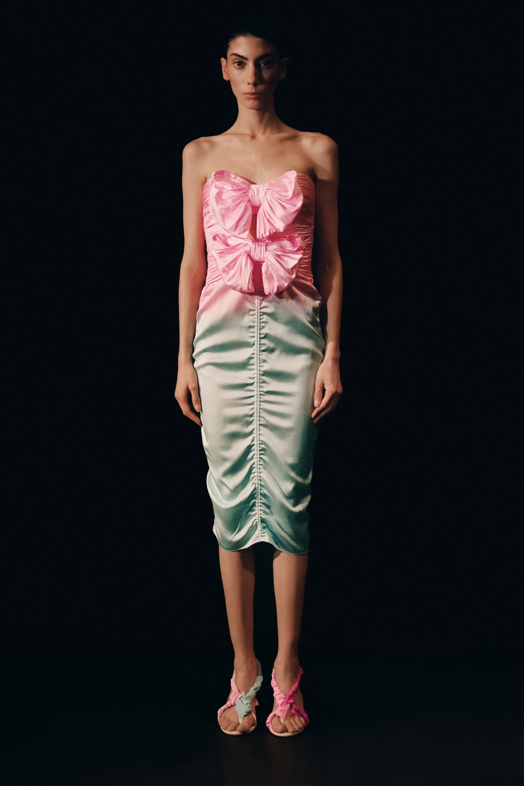 pink and green strapless midi dress