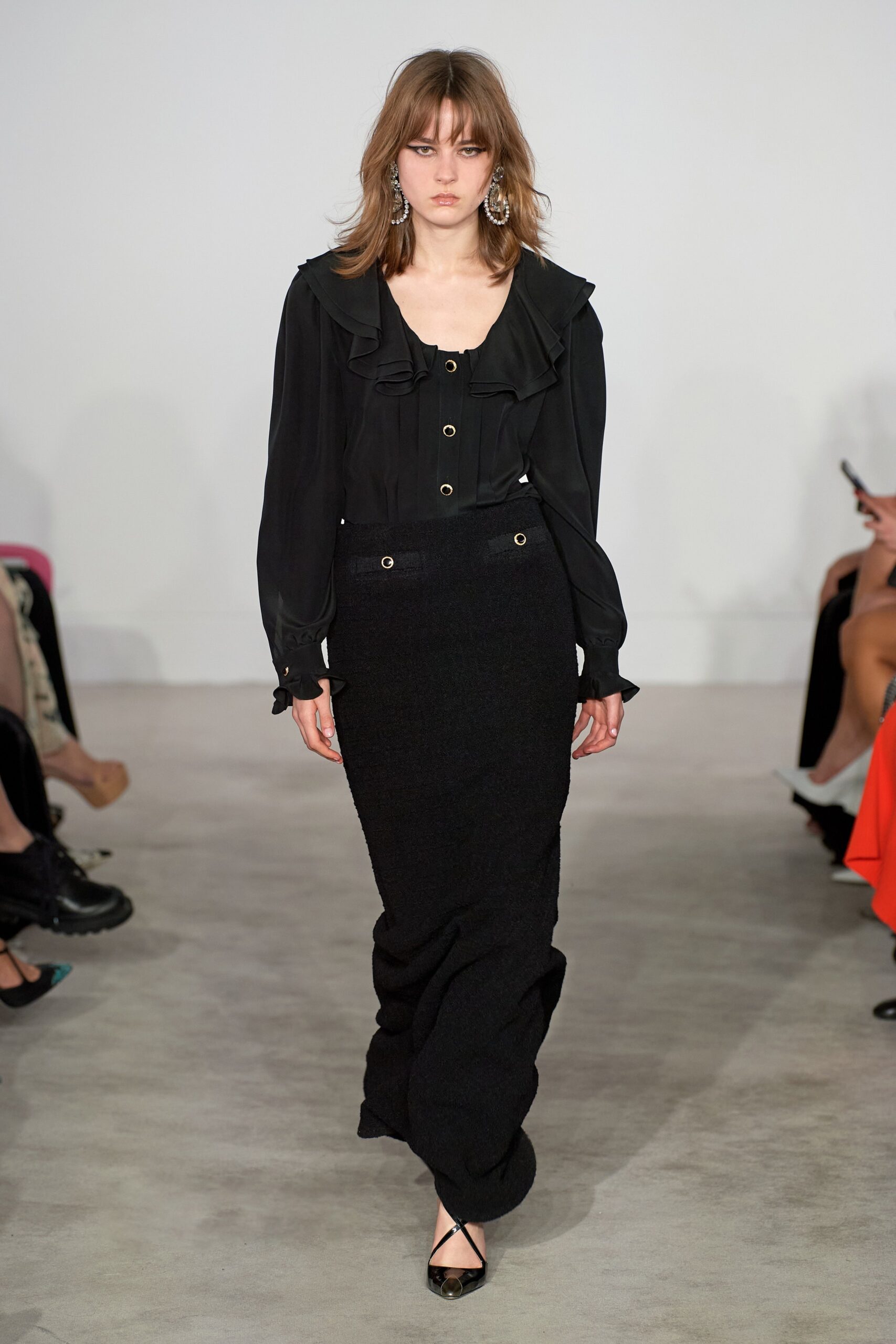 black silk blouse and pencil skirt