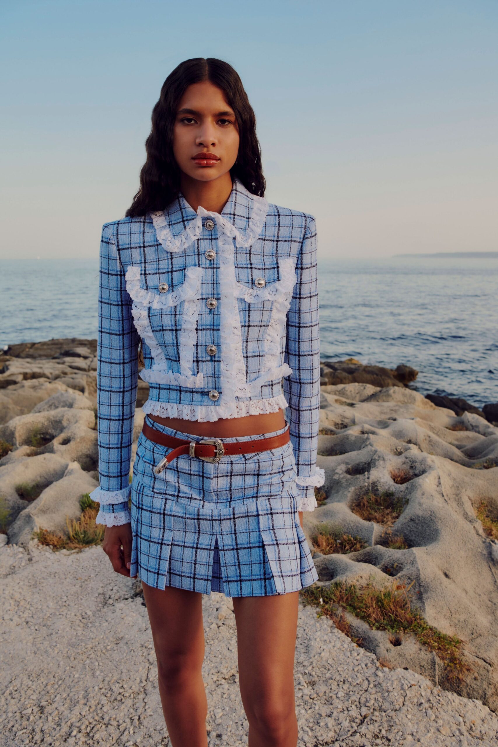 blue and white checked jacket and skirt