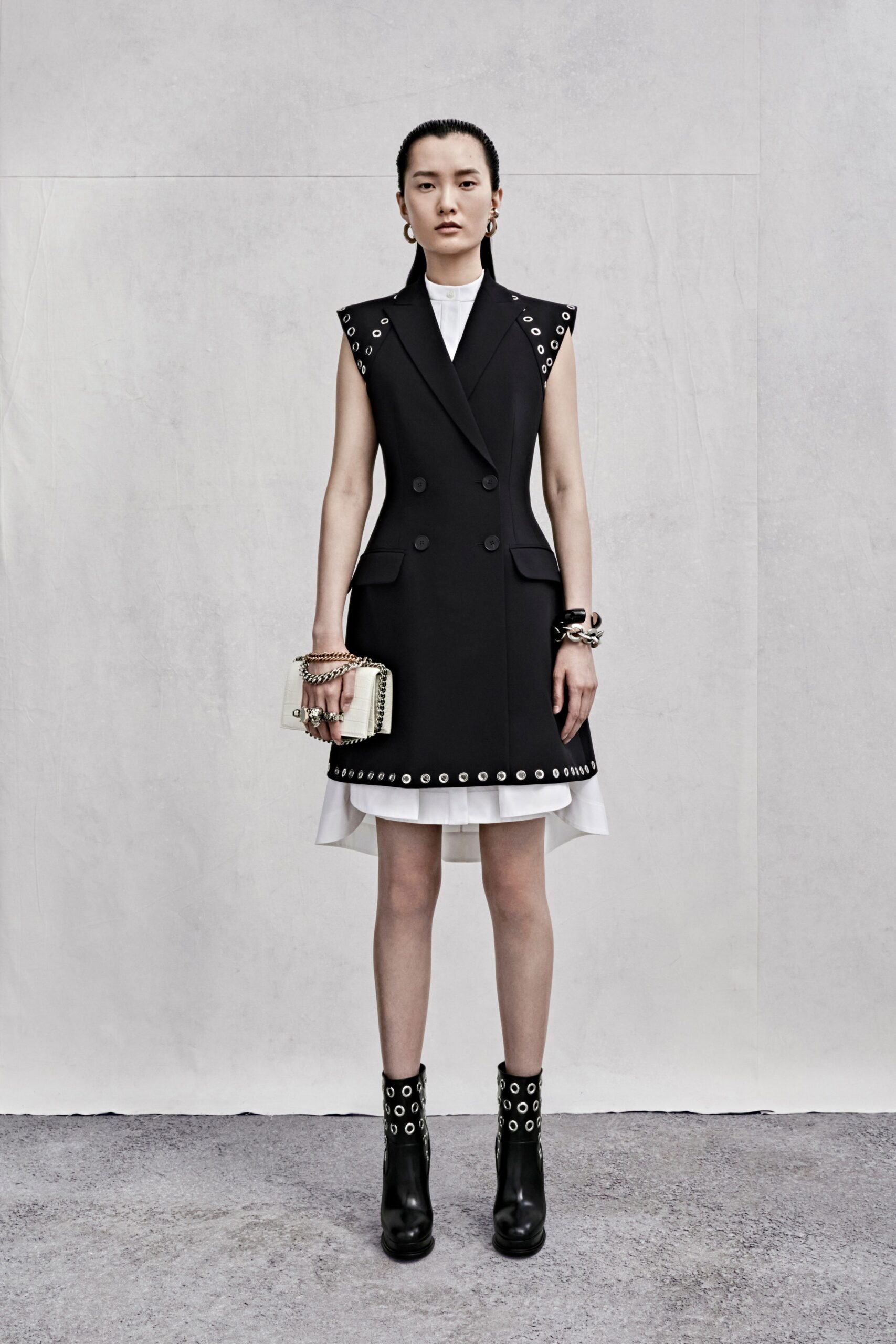 black cotton sleeveless collared fitted buttoned embellished dress