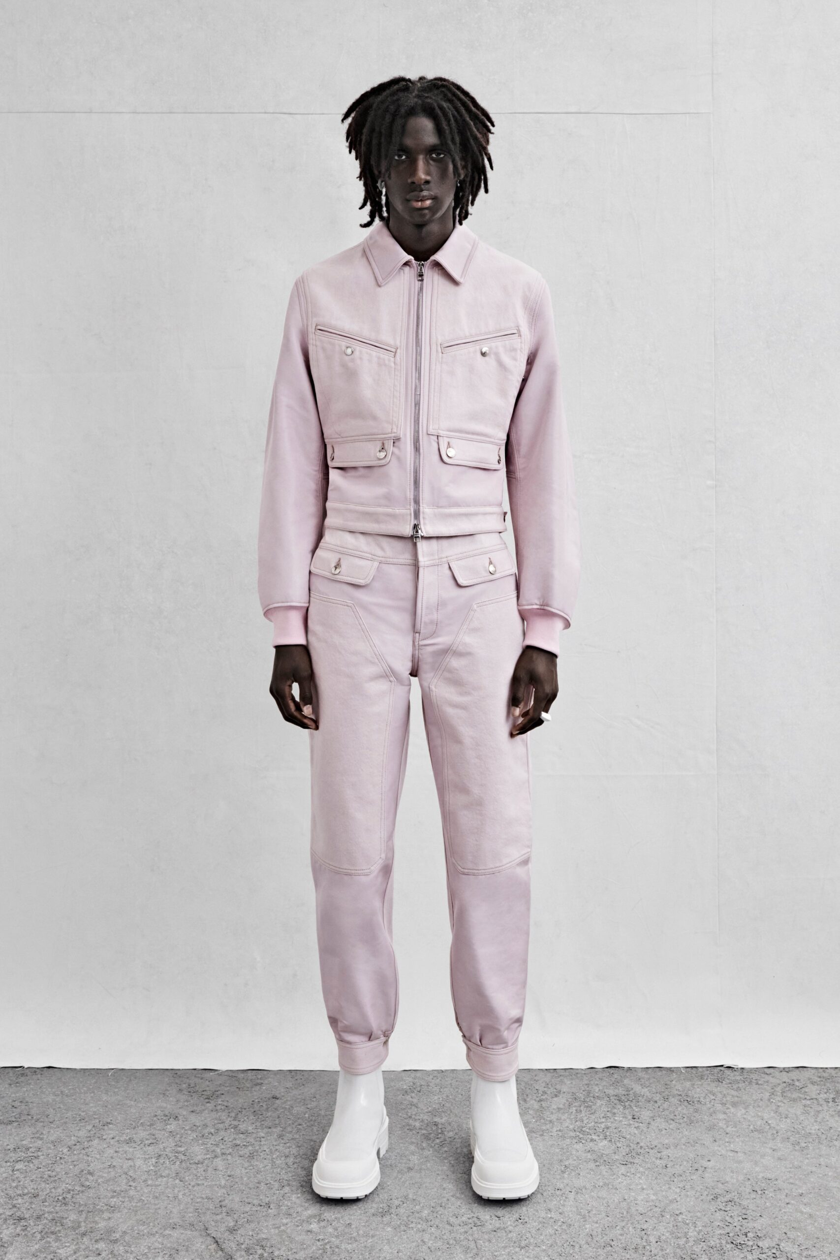 pink fitted jacket and pants