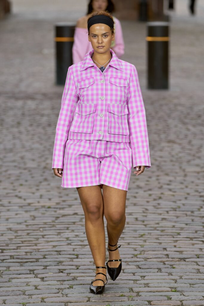 pink checked jacket and shorts