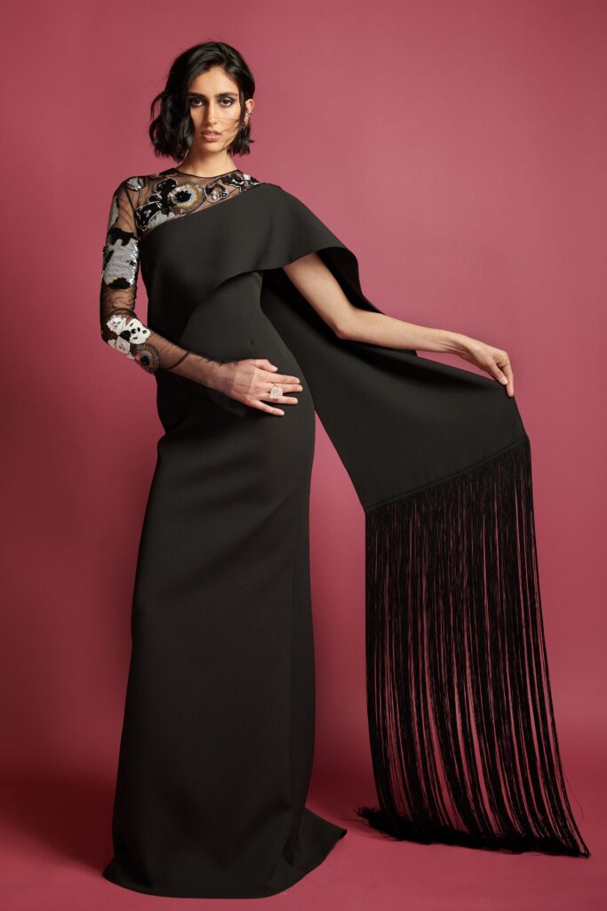 black silk off-shoulder gown