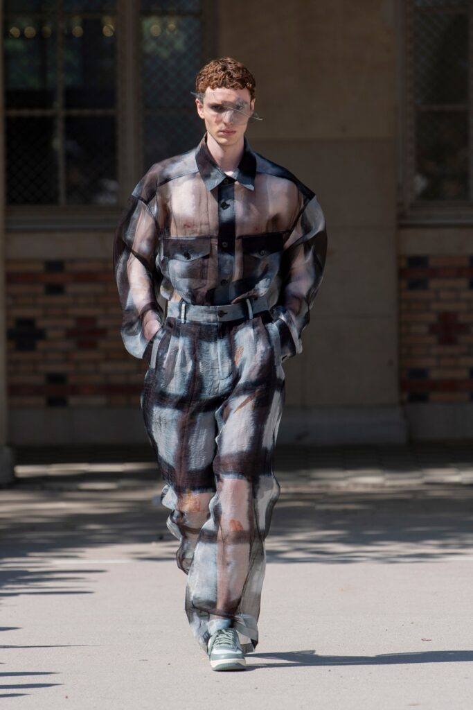 A relaxed-fit multicolor sheer shirt with long sleeves and checked pants.