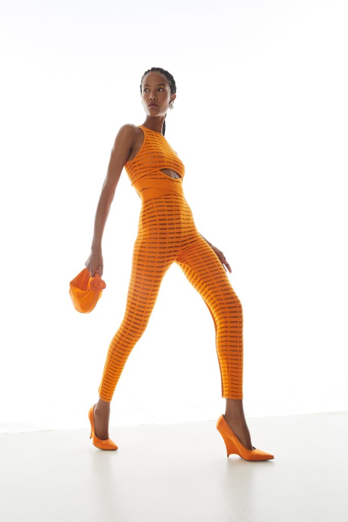 orange striped fitted catsuit
