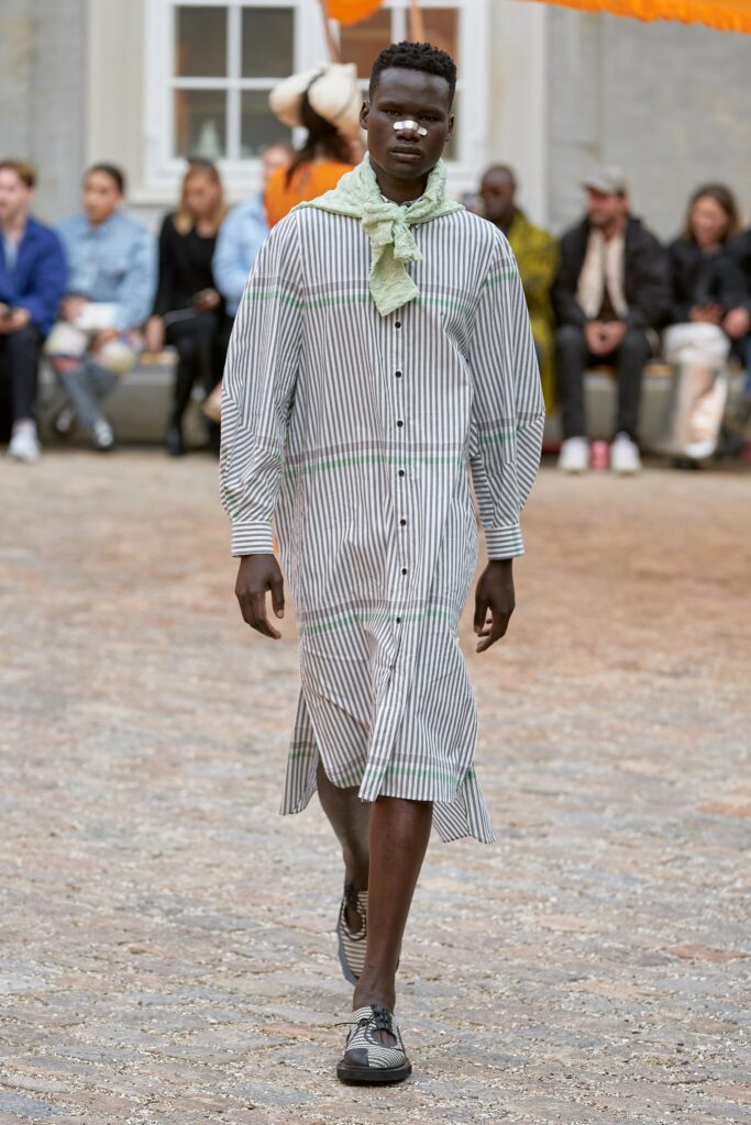 relaxed striped shirt-dress with scarf