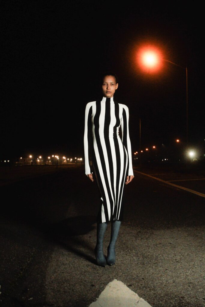 A fitted black and white striped dress with long sleeves and a high neckline.