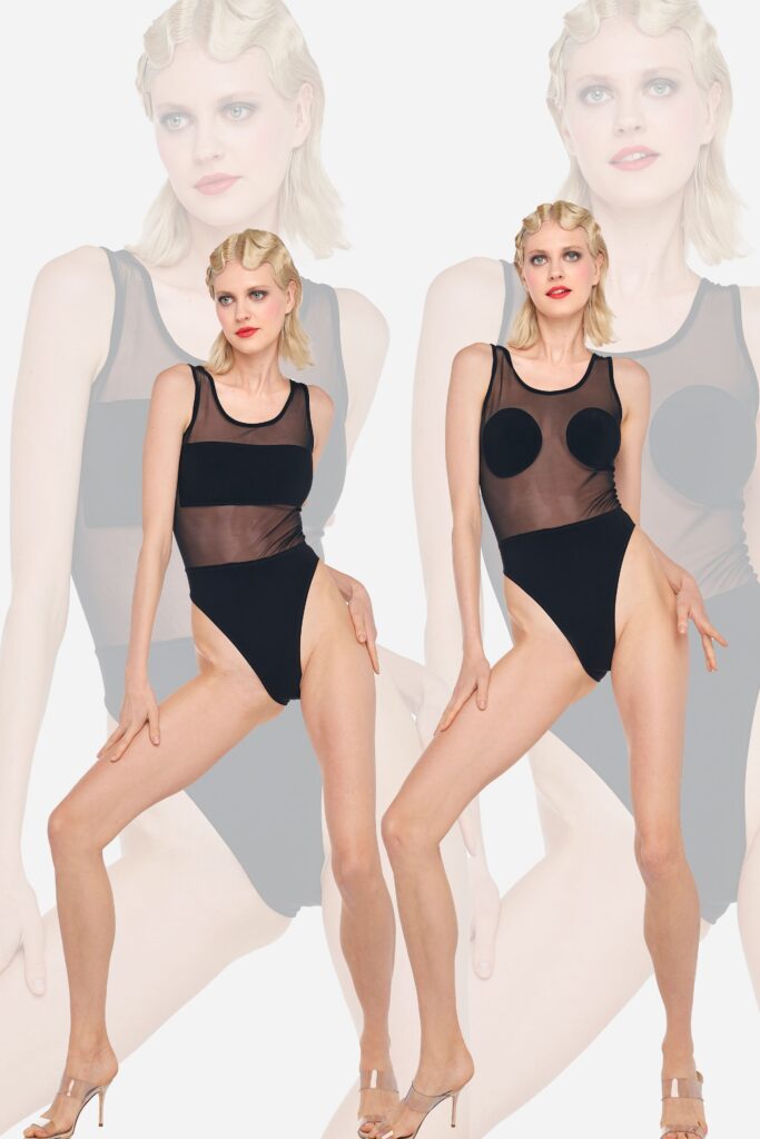 A fitted black mesh swimsuit with a sleeveless design and sheer detailing.