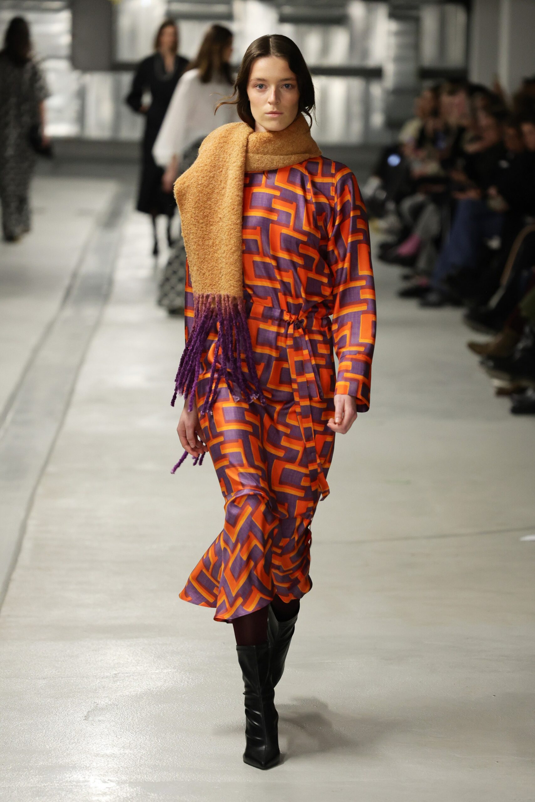 orange and purple printed midi dress with scarf