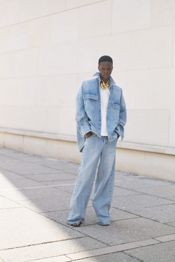 relaxed denim jacket with t-shirt and pants