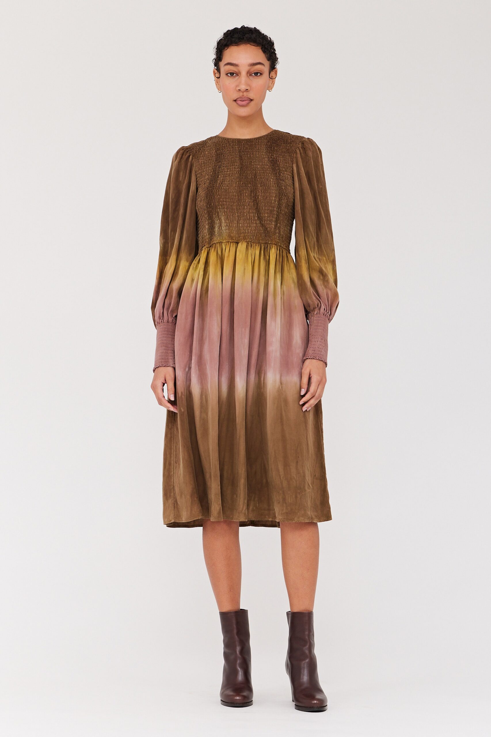 brown silk relaxed midi dress