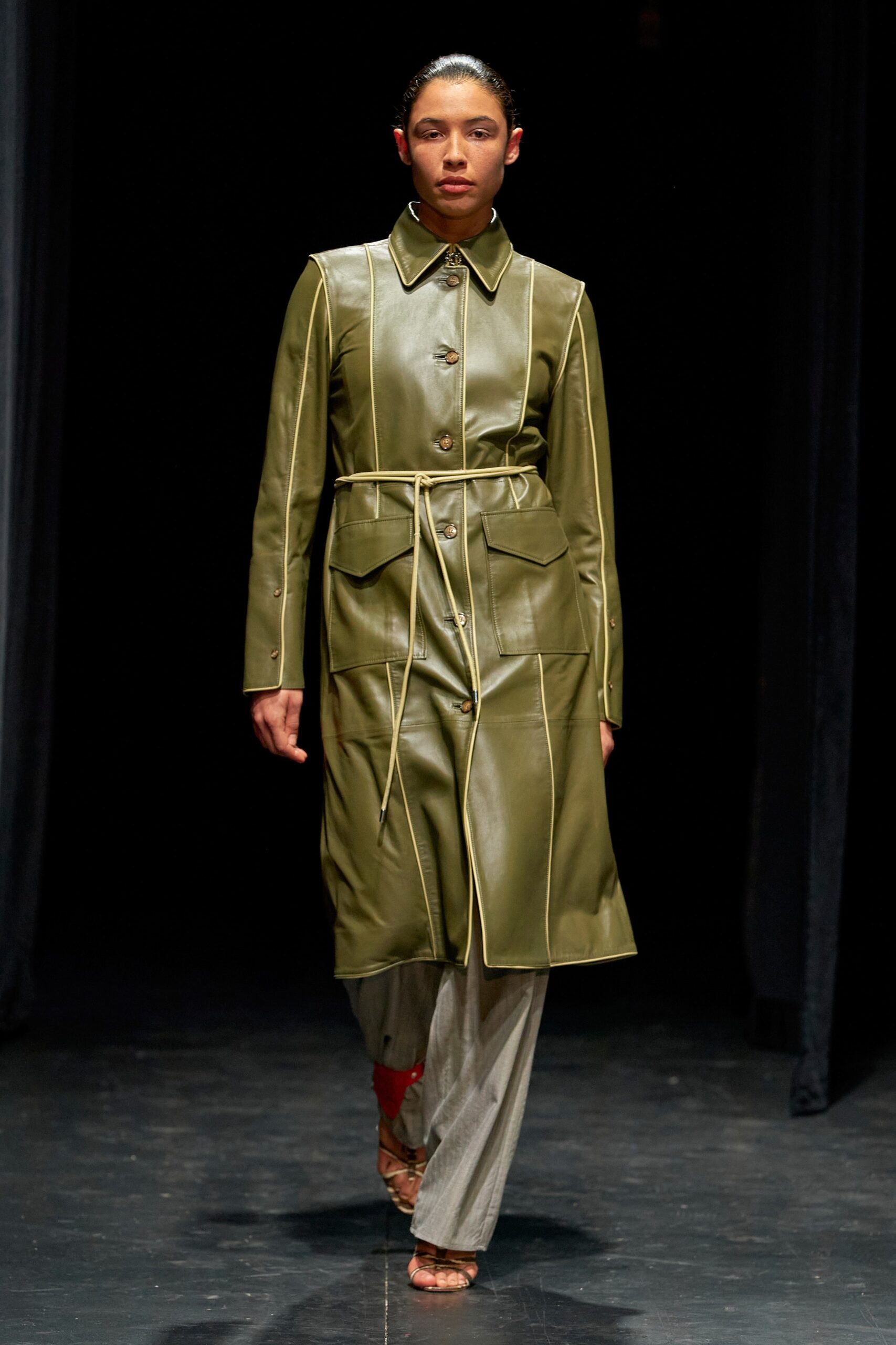 green leather belted coat